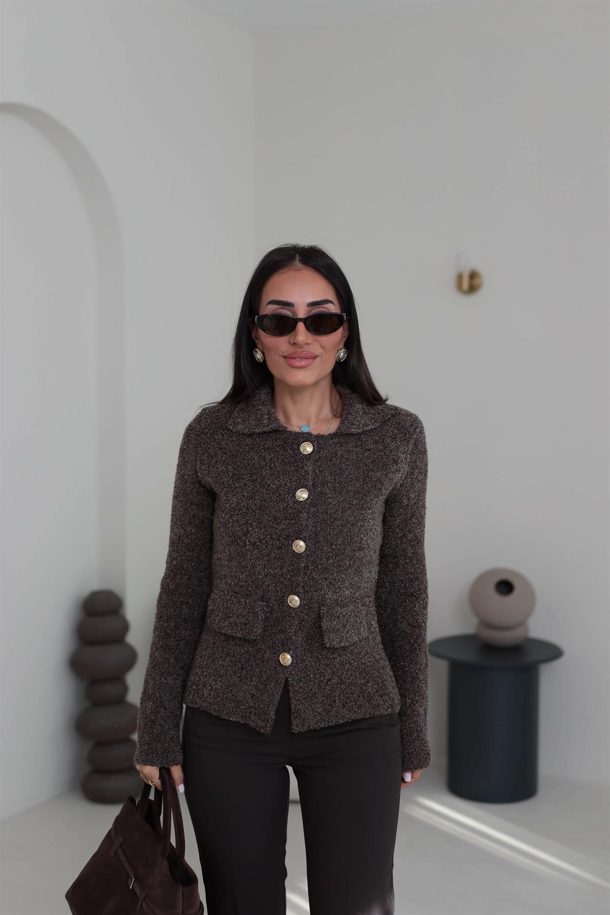 0265 Polo Yaka Düğmeli Cep Detaylı Triko Hırka KAHVE