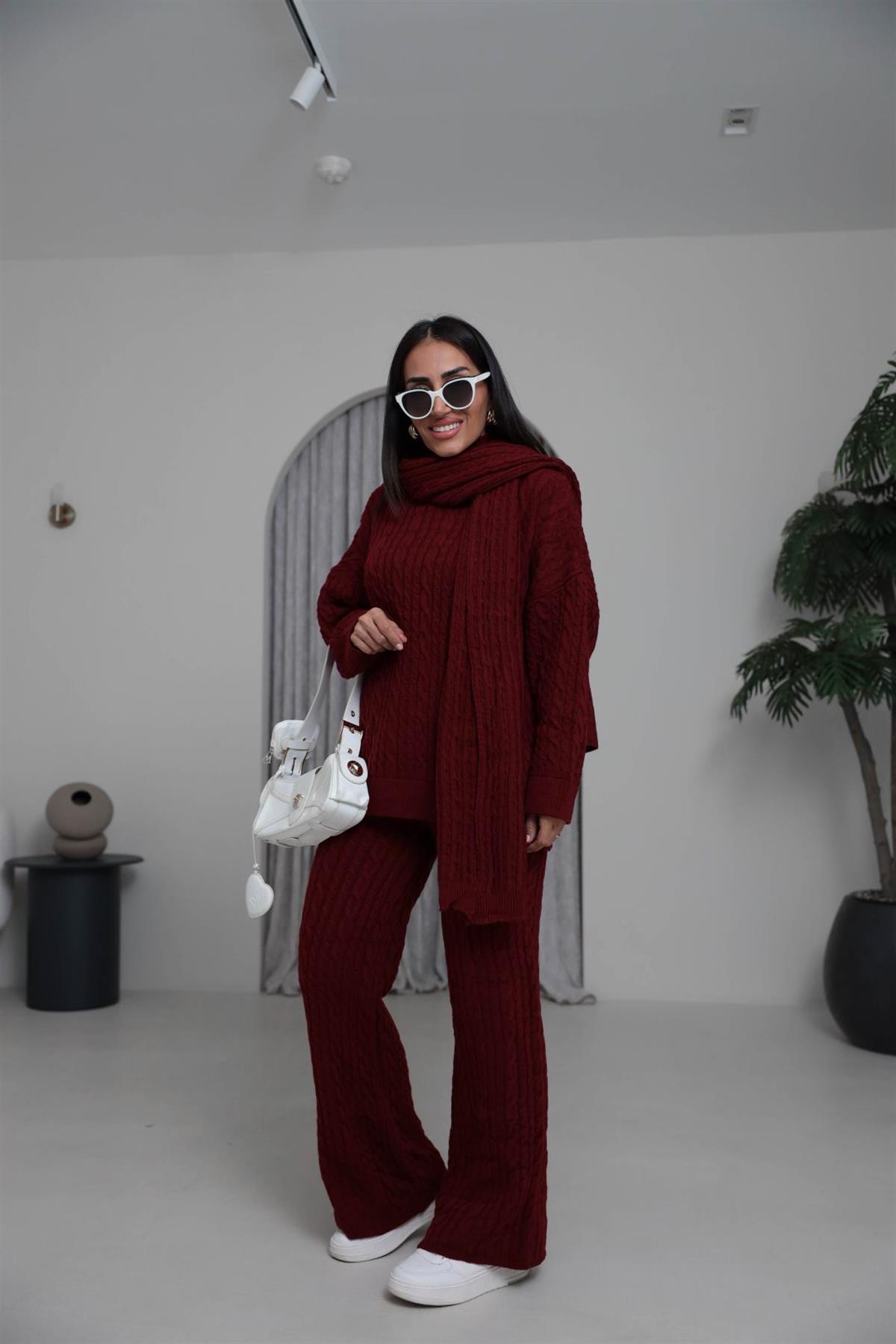 2464 Şal Detaylı Üçlü Triko Takım BORDO