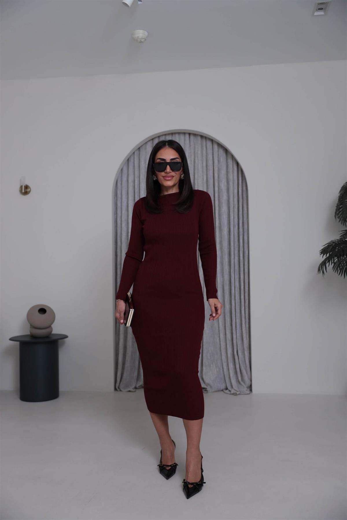 2000 Kayık Yaka Triko Elbise BORDO