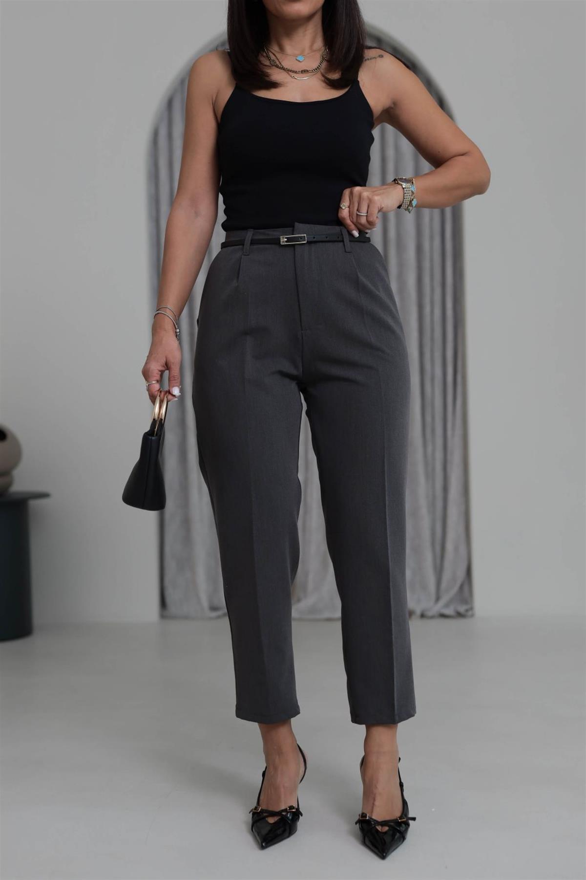 7638 İnce Kemerli Cepli Kumaş Pantolon GRİ