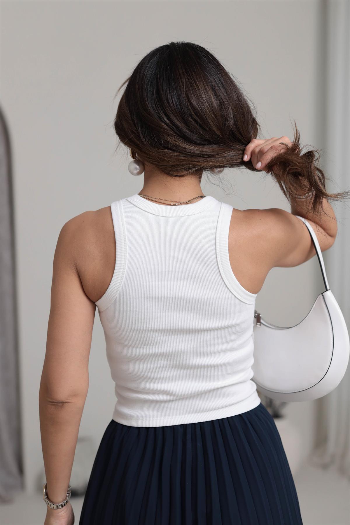 Taş İşlemeli Halter Yaka Fitilli Atlet BEYAZ