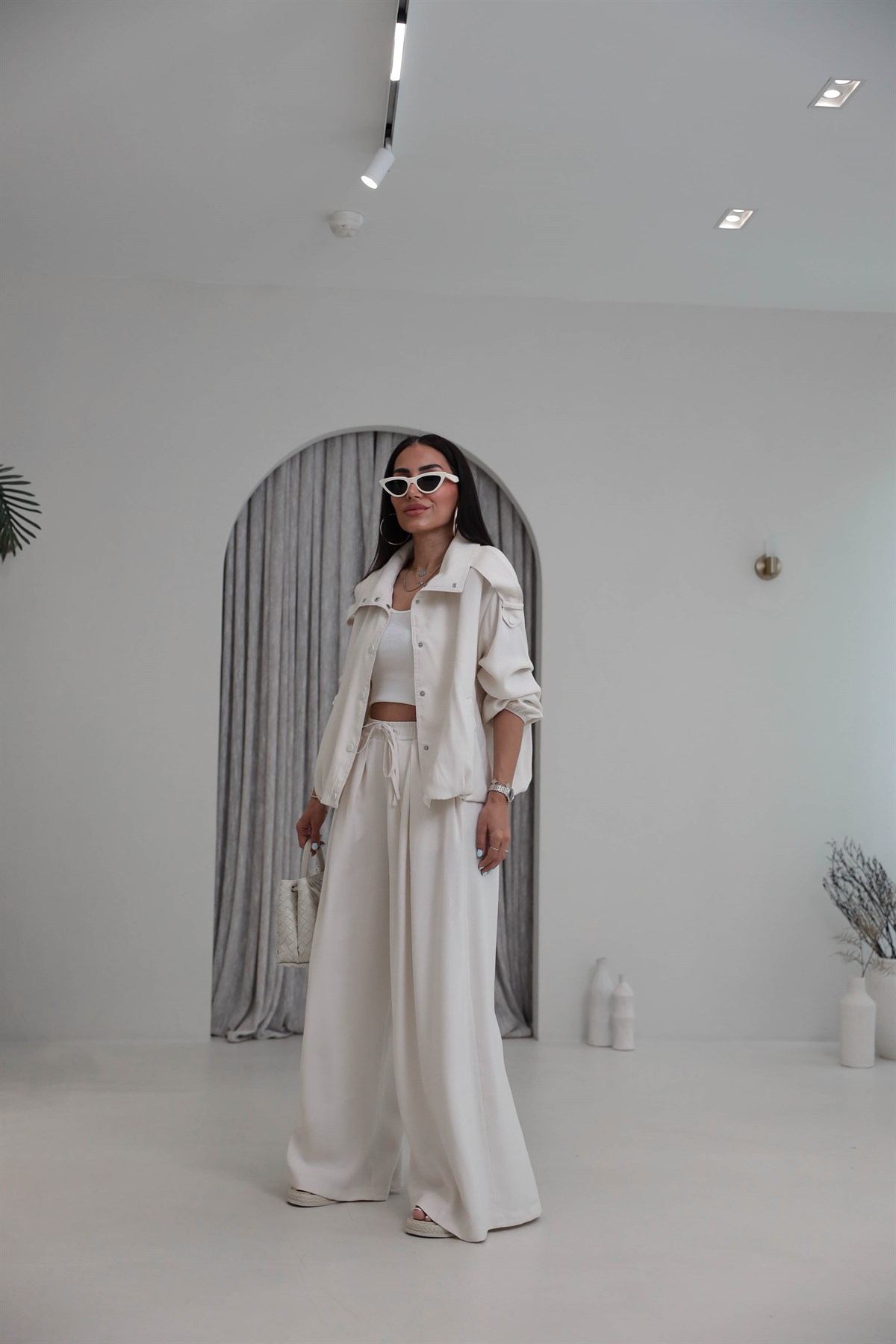 8297 Tencel Kumaş Rahat Kalıp Ceket Pant Takım BEJ