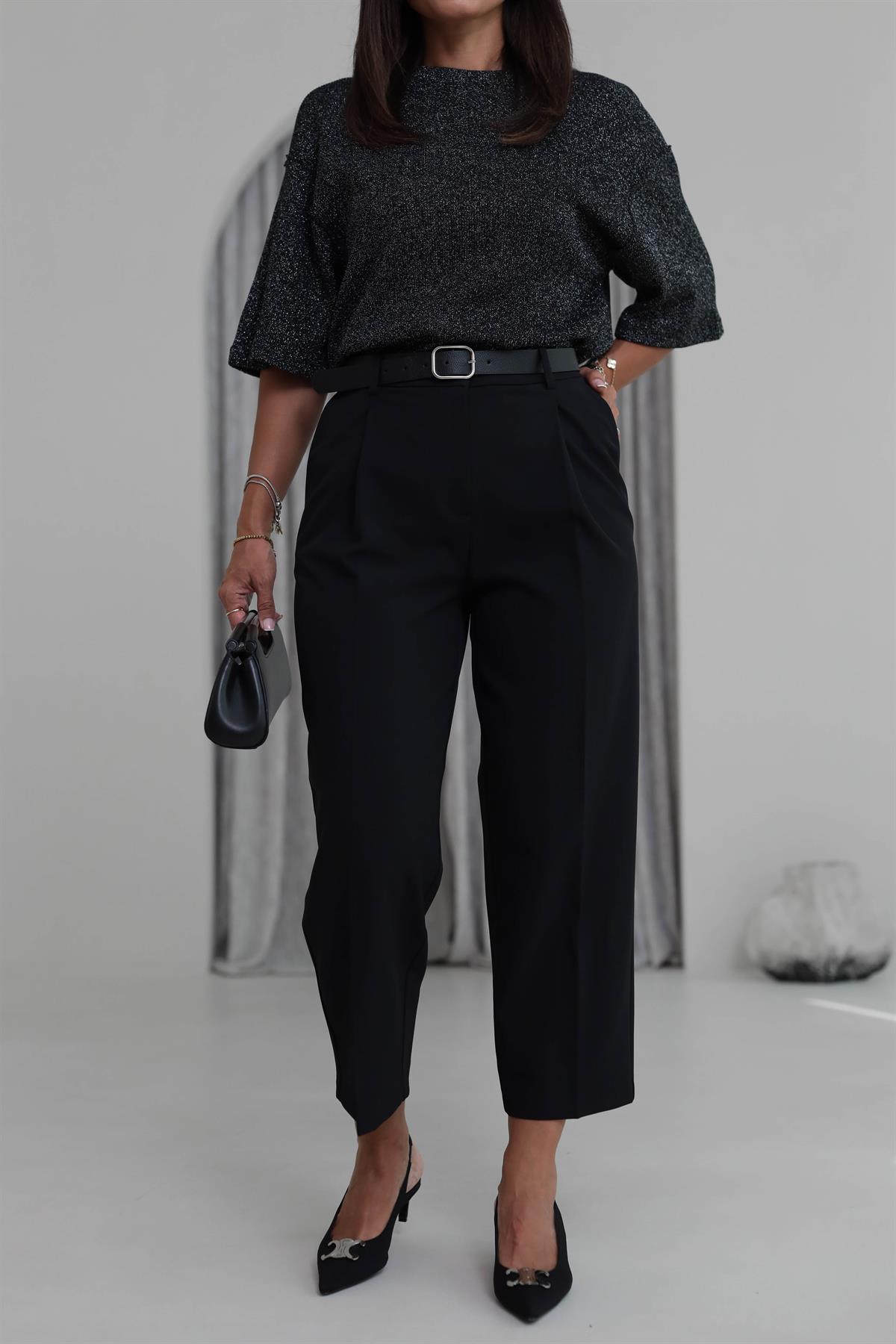 2167 Kemerli Pensli Pantolon SİYAH