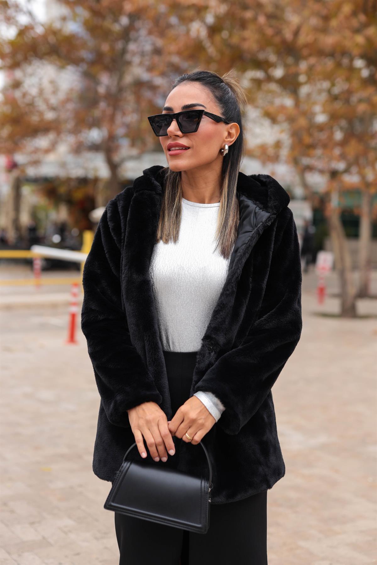 Kapşonlu Uzun Suni Kürk SİYAH