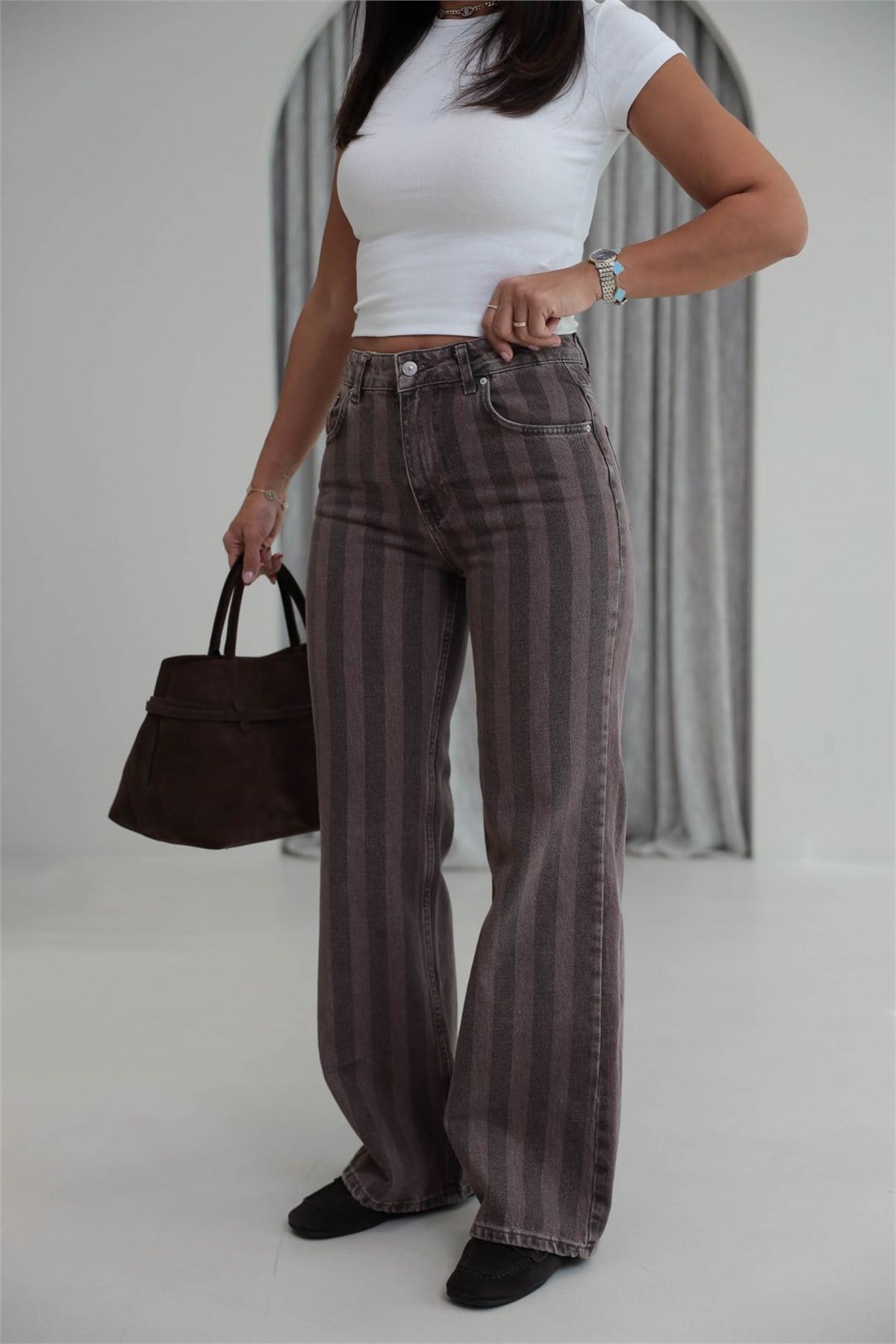 2371 Çizgili Wide Leg Jean KAHVE