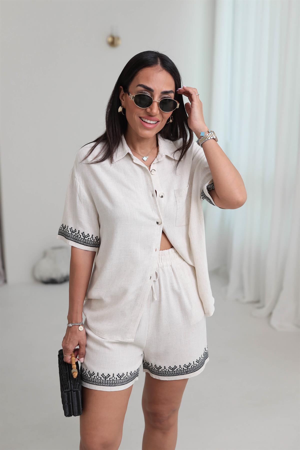 8803 İşleme Detaylı Keten Şortlu Gömlek Takım NATURAL