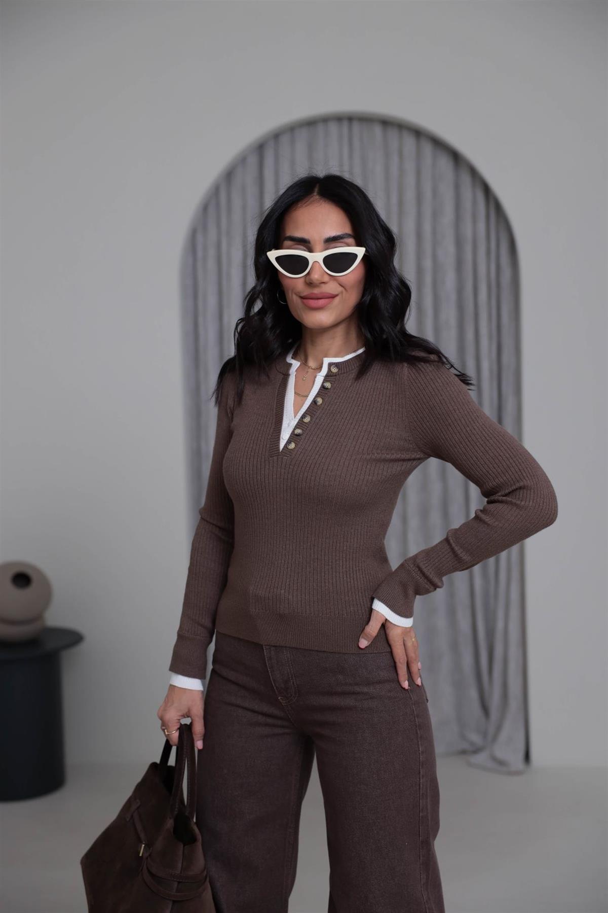 T104 Çift Yaka Yarım Düğmeli Fitilli Kazak KAHVE