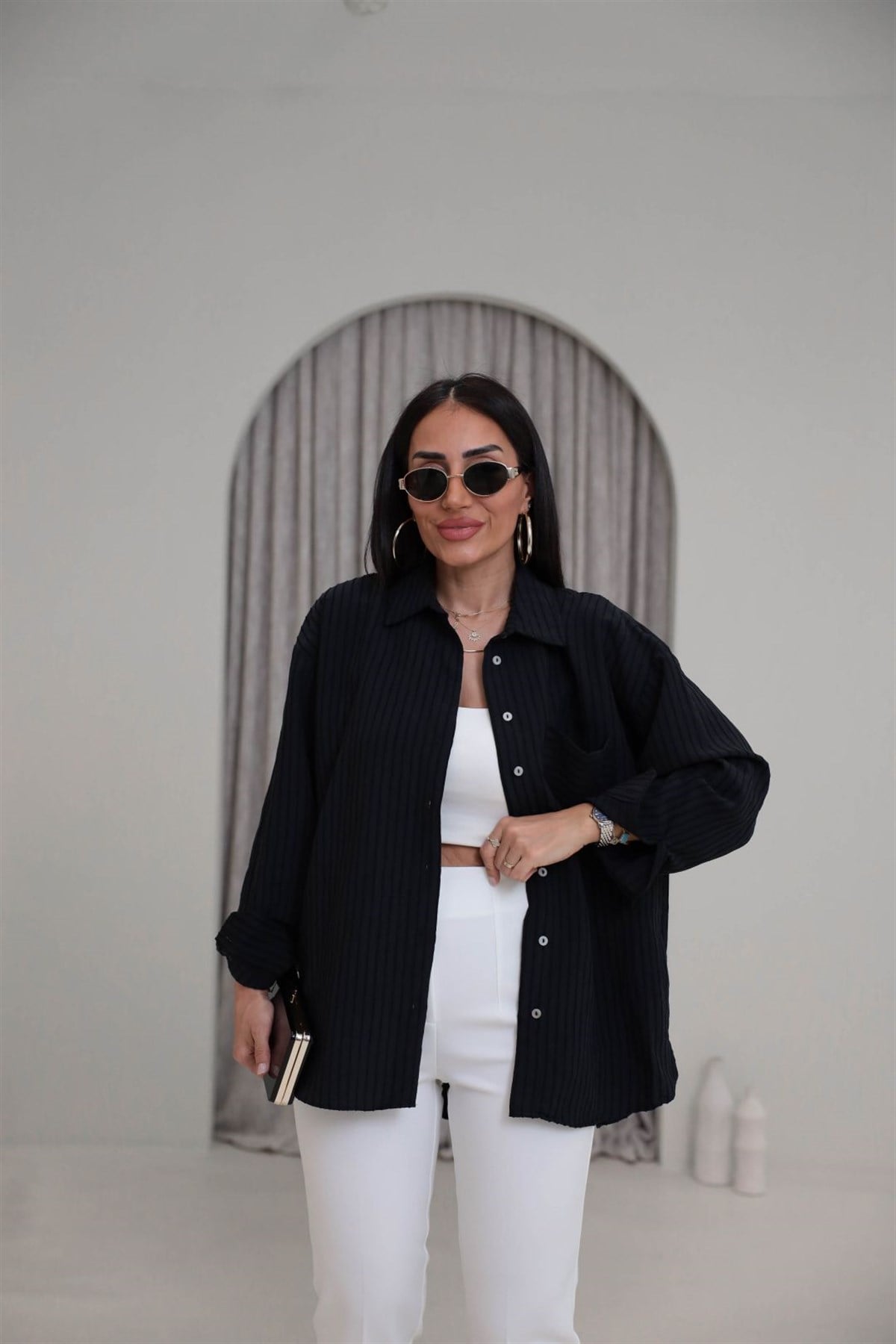 5000 Çizgili Modal Dokulu Oversize Gömlek SİYAH