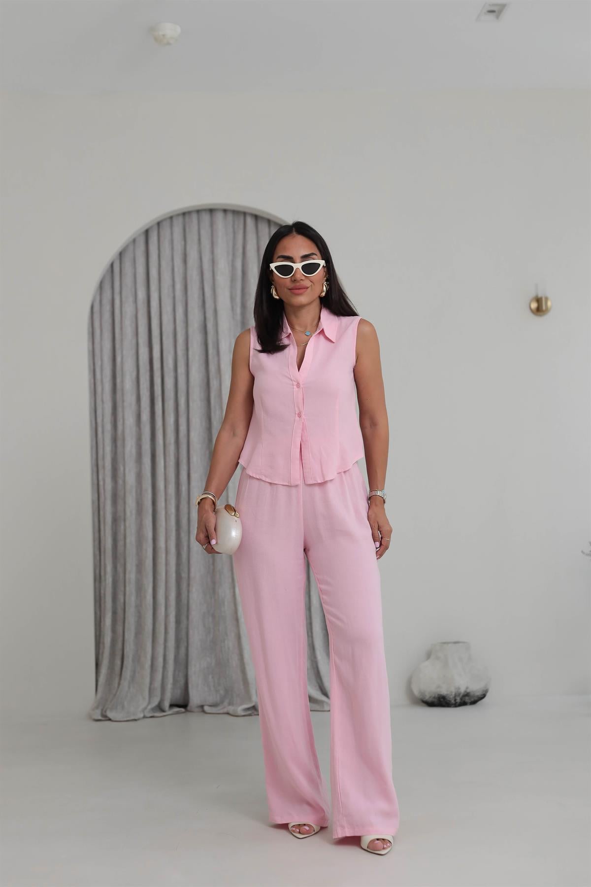 0474 Polo Yaka Yelek & Pantolon Keten Takım PEMBE