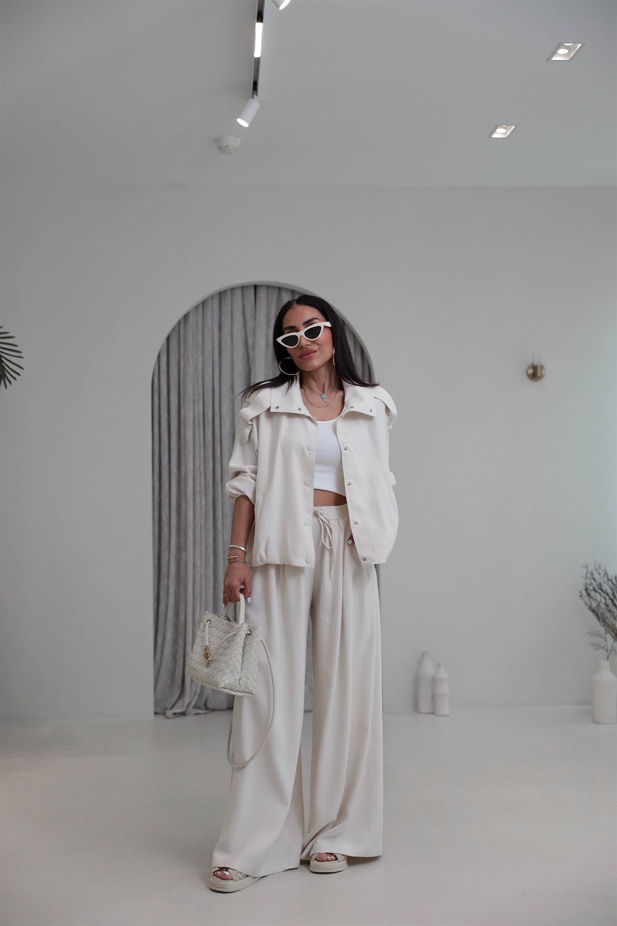8297 Tencel Kumaş Rahat Kalıp Ceket Pant Takım BEJ