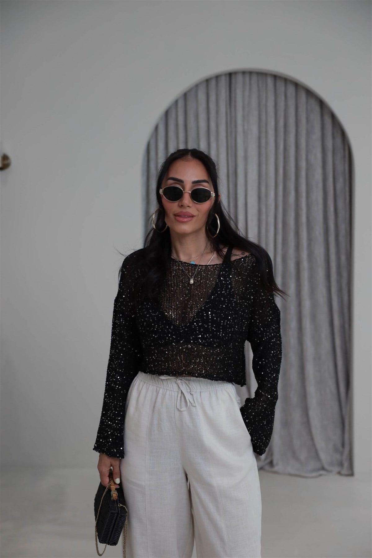 2765 Pul Payet Crop Bluz SİYAH