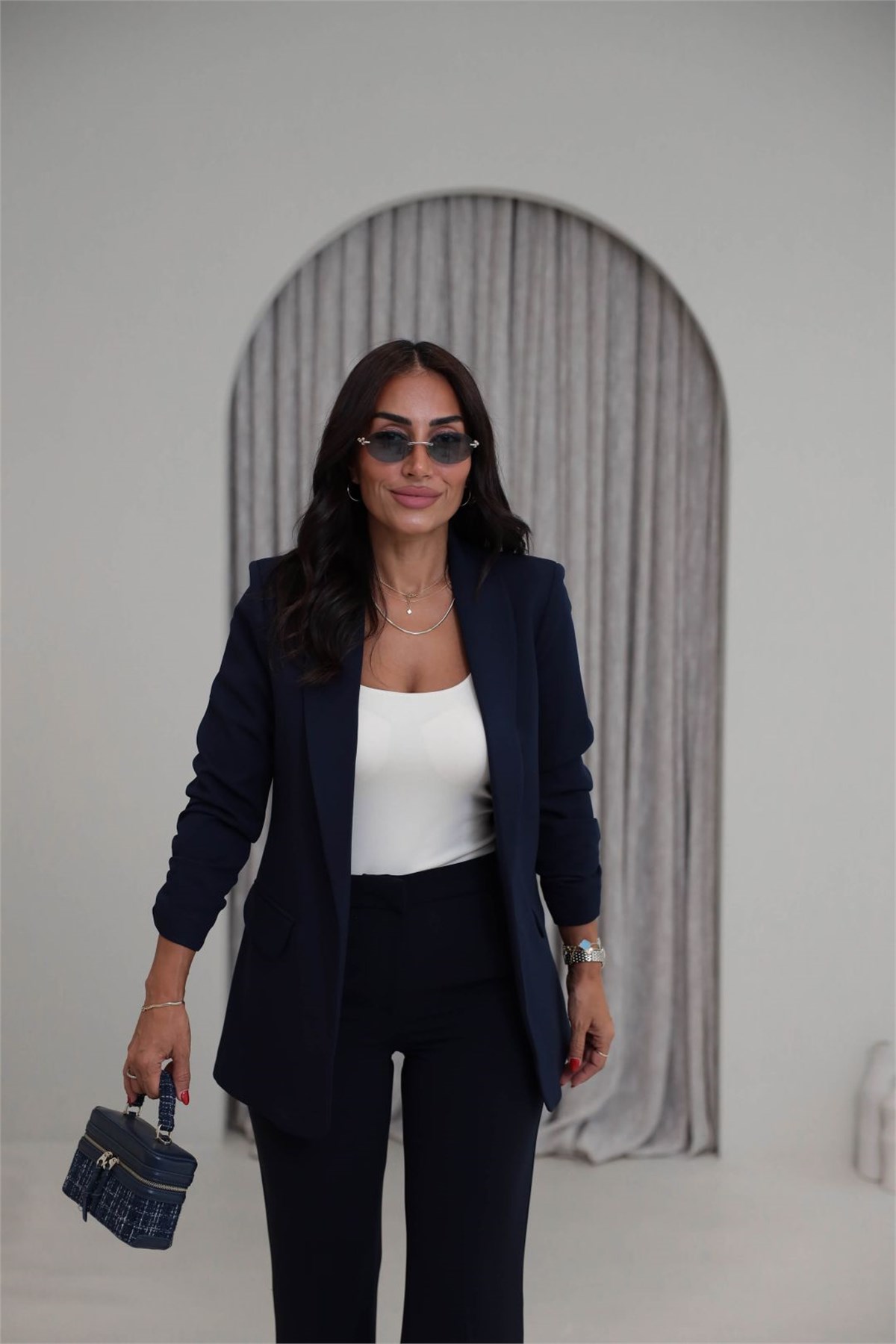 3101Y Vatkalı Kolları Büzgülü Blazer Ceket LACİVERT
