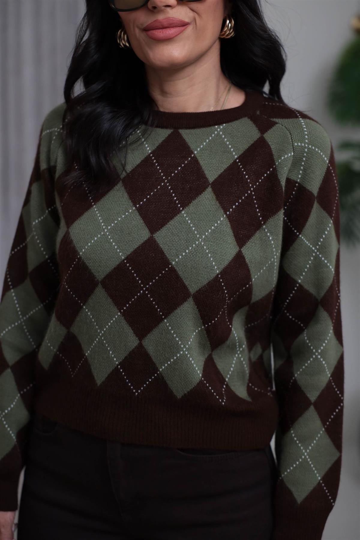 0112 Bisiklet Yaka Baklava Desen Kazak HAKİ-KAHVE