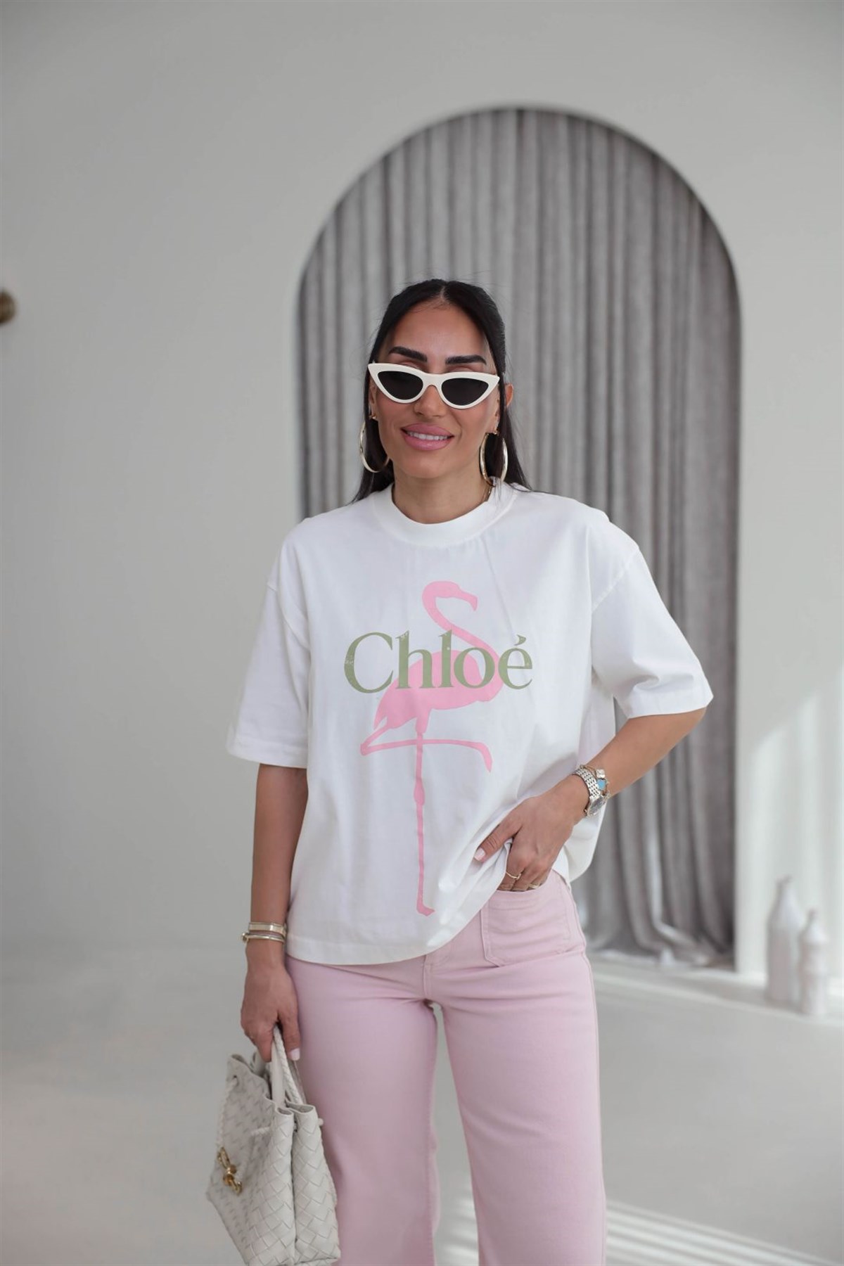 1016 Pembe Kuğulu Pamuklu Tshirt KREM