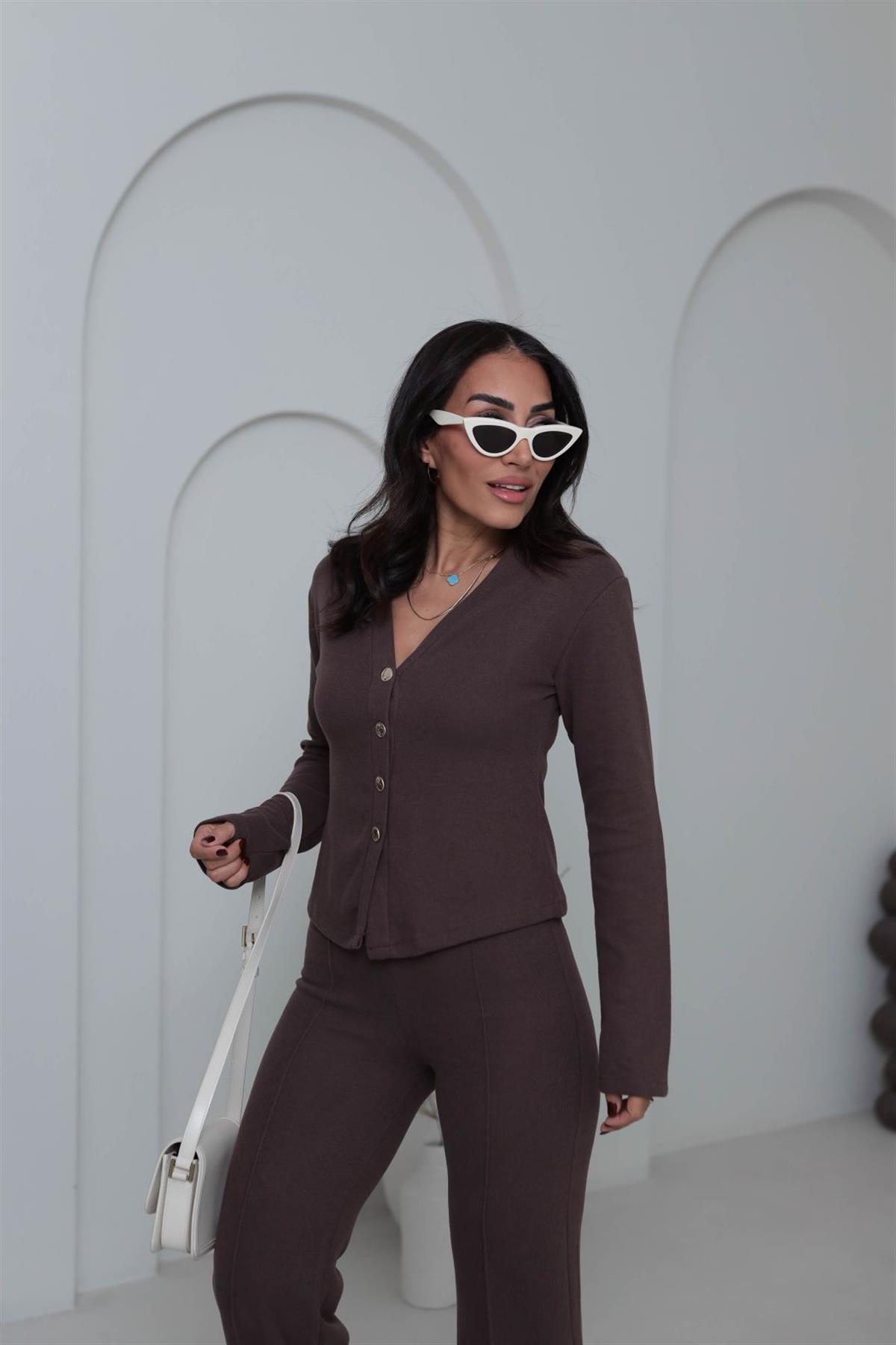 Gold Düğmeli V Yaka Selanik Hırka Takım KAHVE