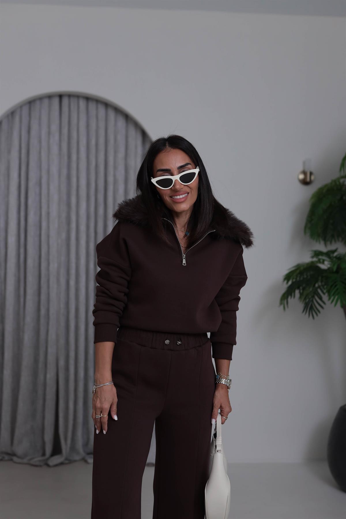 4066 Kürk Yakalı Şardonlu Takım KAHVE