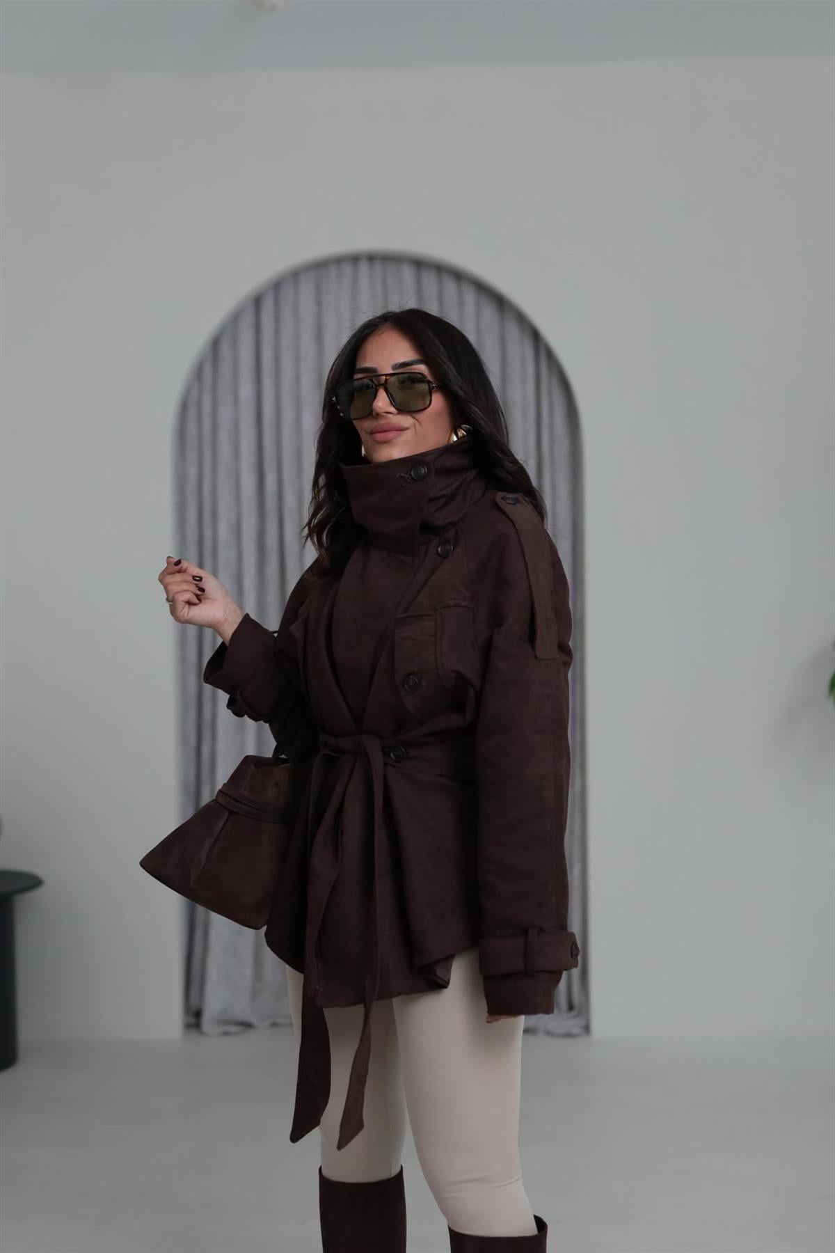 0572 Dik Yaka Apoletli Süet Mont ACI KAHVE