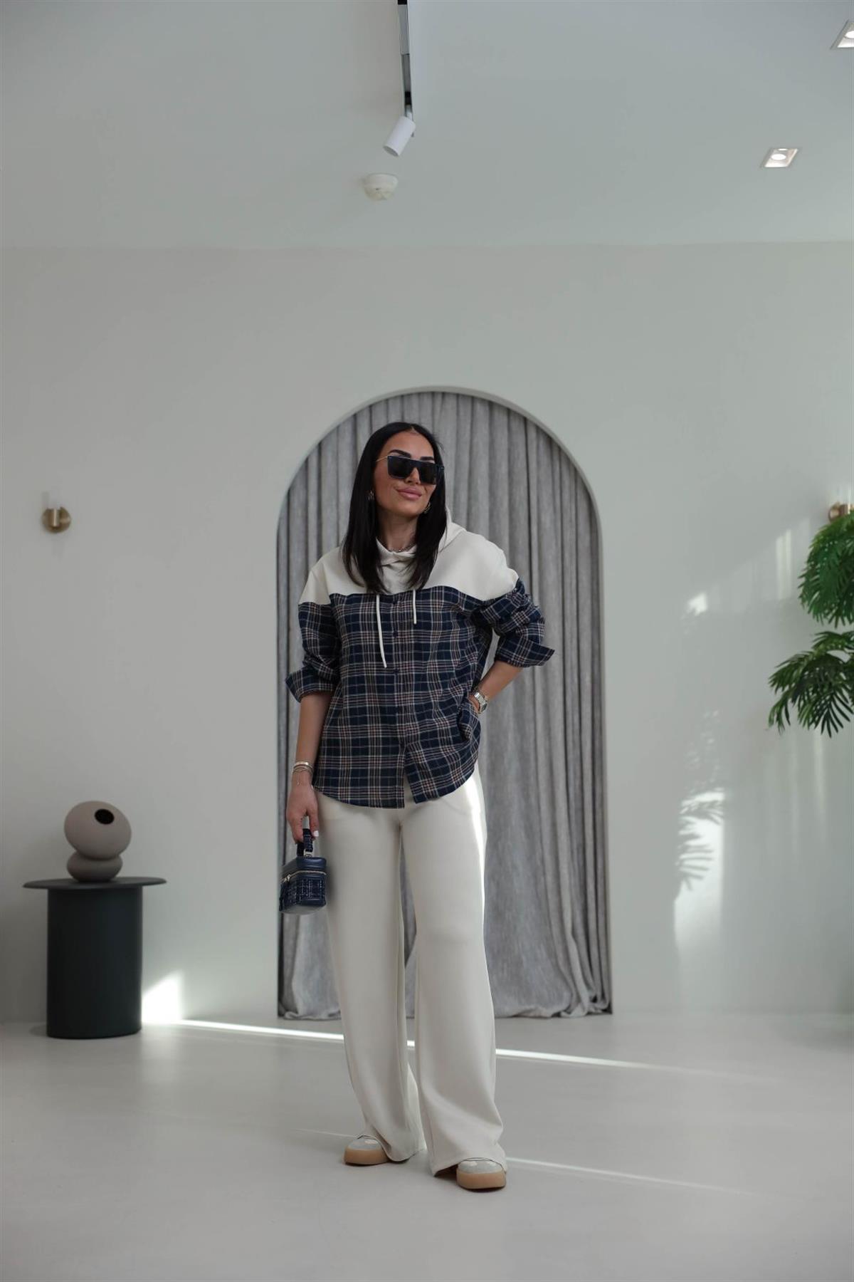 7204 Ekose Gömlek Mixli Modal Takım BEJ