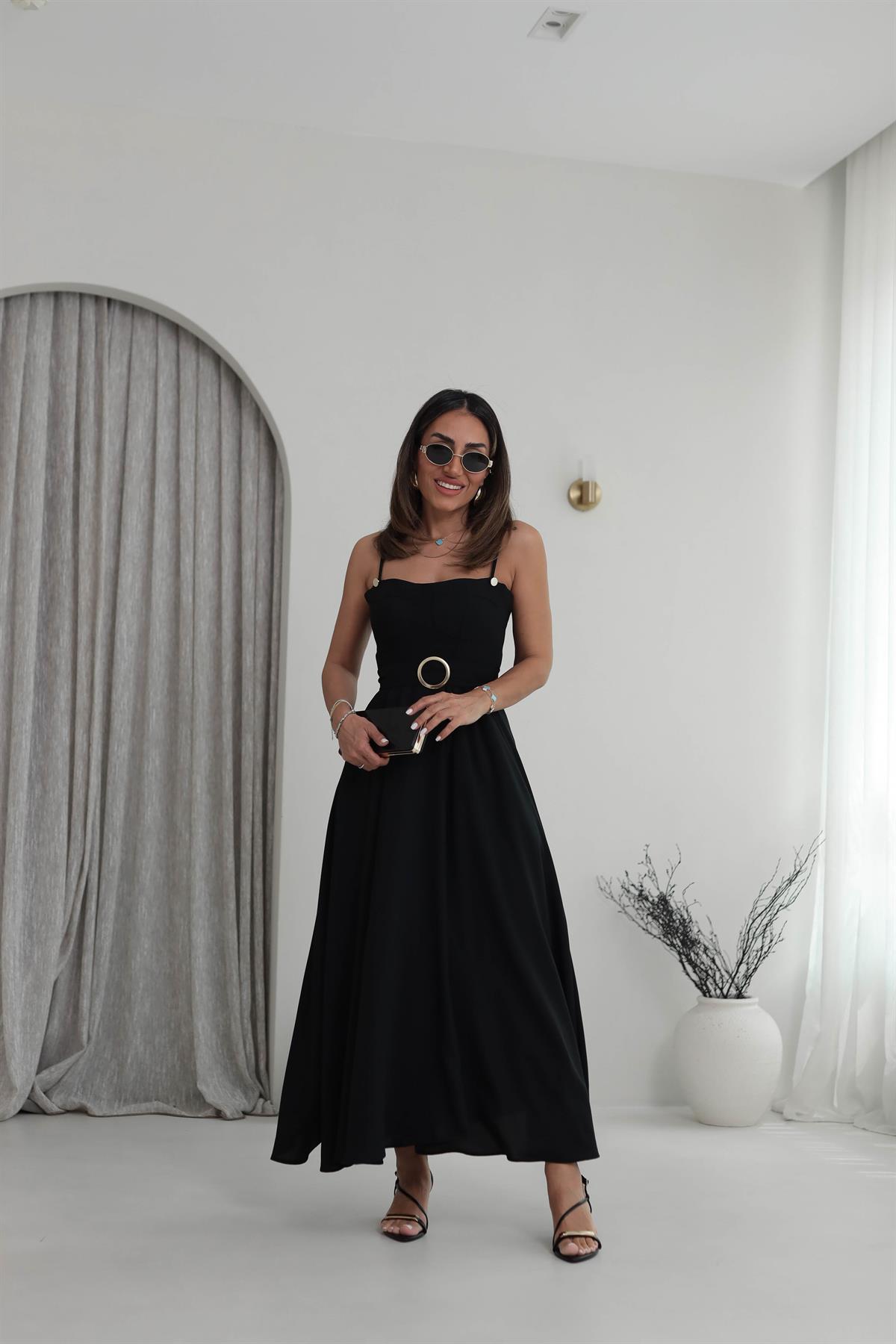 6097 Askılı Gold Detaylı Elbise SİYAH