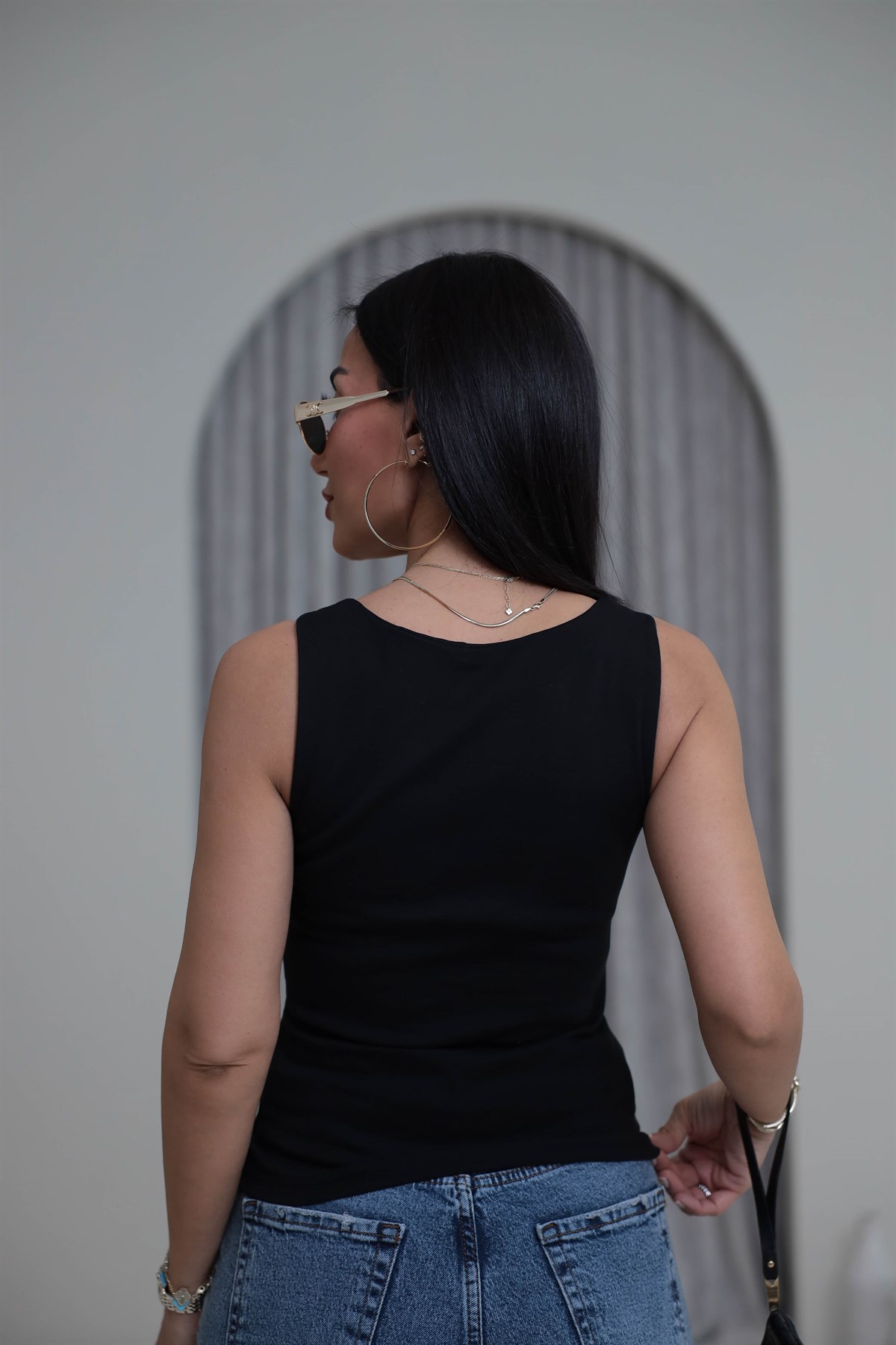 1677 Kare Yaka Dantel Detaylı Çift Kat Atlet SİYAH