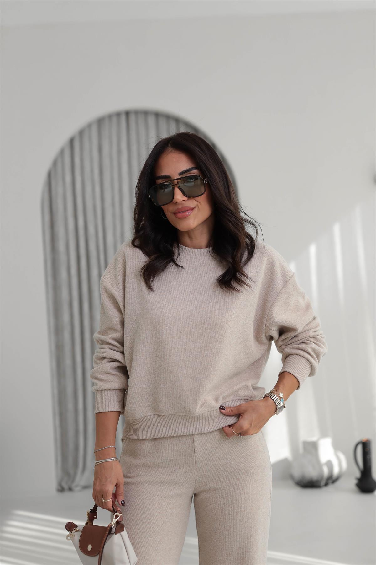 5231 Bisiklet Yaka Ribanalı Selanik Kumaş Takım BEJ