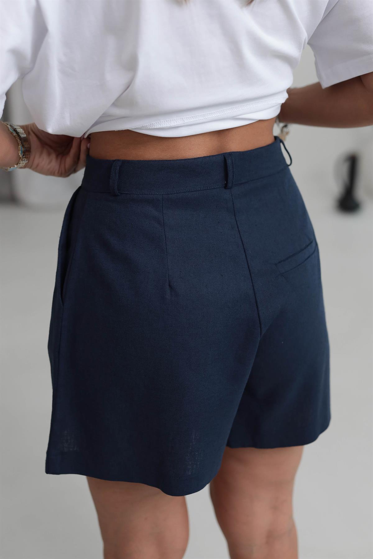 1665 Keten Geniş Paça Şort LACİVERT