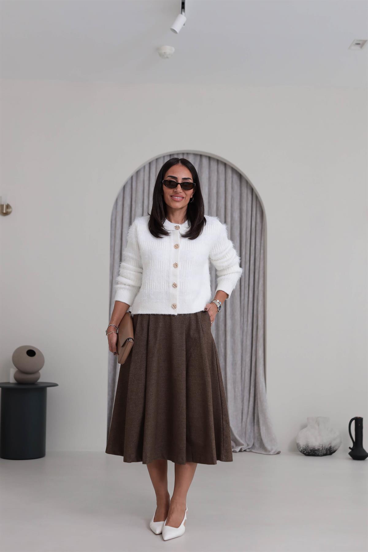 5152 Geniş Pileli Midi Etek KAHVE
