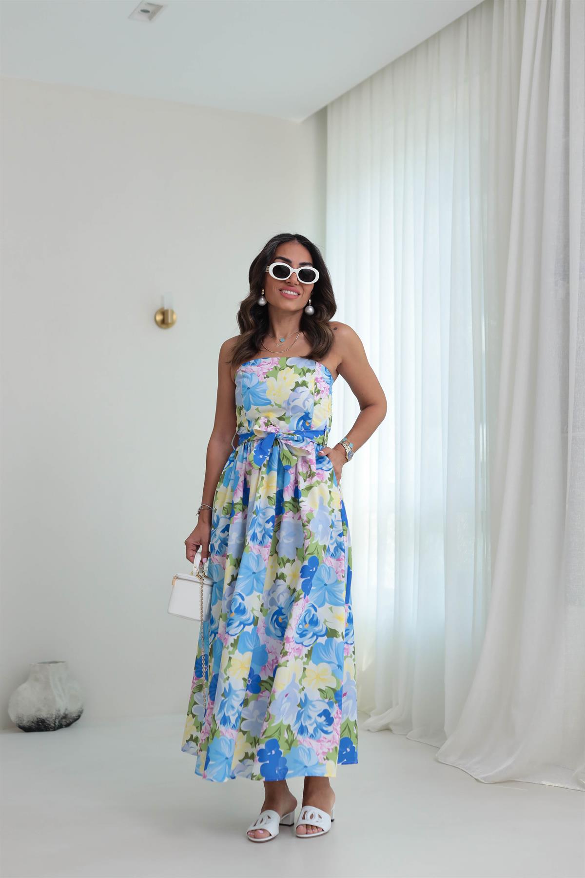 6213 Straplez Sırtı Gipeli Desenli Elbise MAVİ