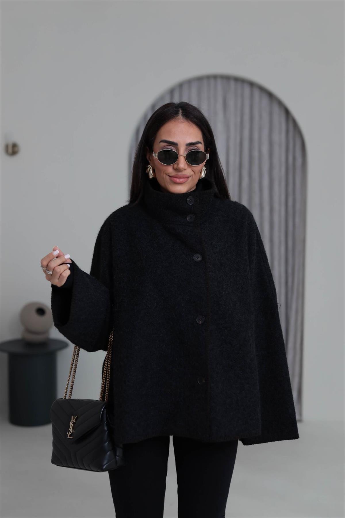 0563 Dikiş Detaylı Dik Yaka Kaşe Ceket SİYAH