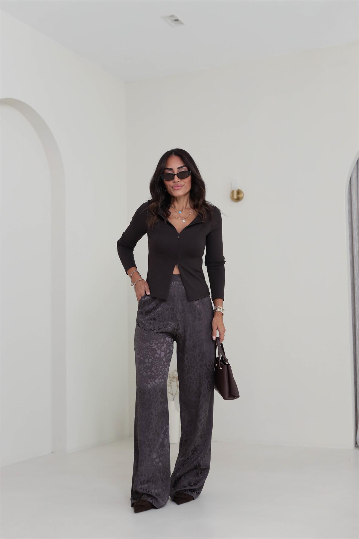 0338 Leopar Desen Saten Pantolon ACI KAHVE