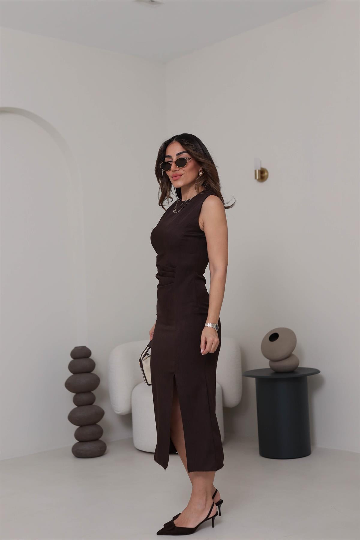 3724 Sıfır Kol Drape Detaylı Yırtmaçlı Elbise ACI KAHVE