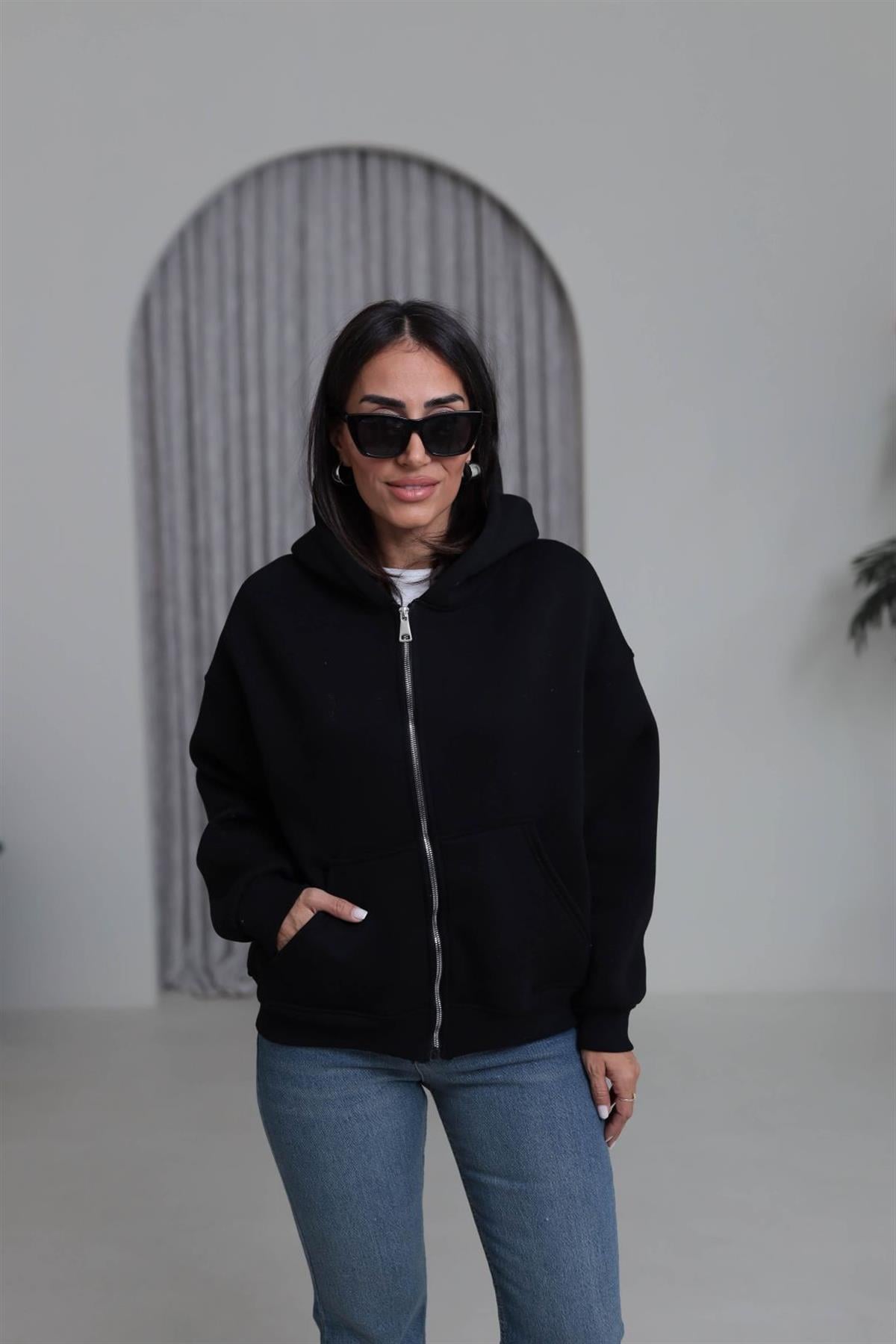 0822 Kapüşonlu Fermuarlı Şardonlu Sweatshirt SİYAH