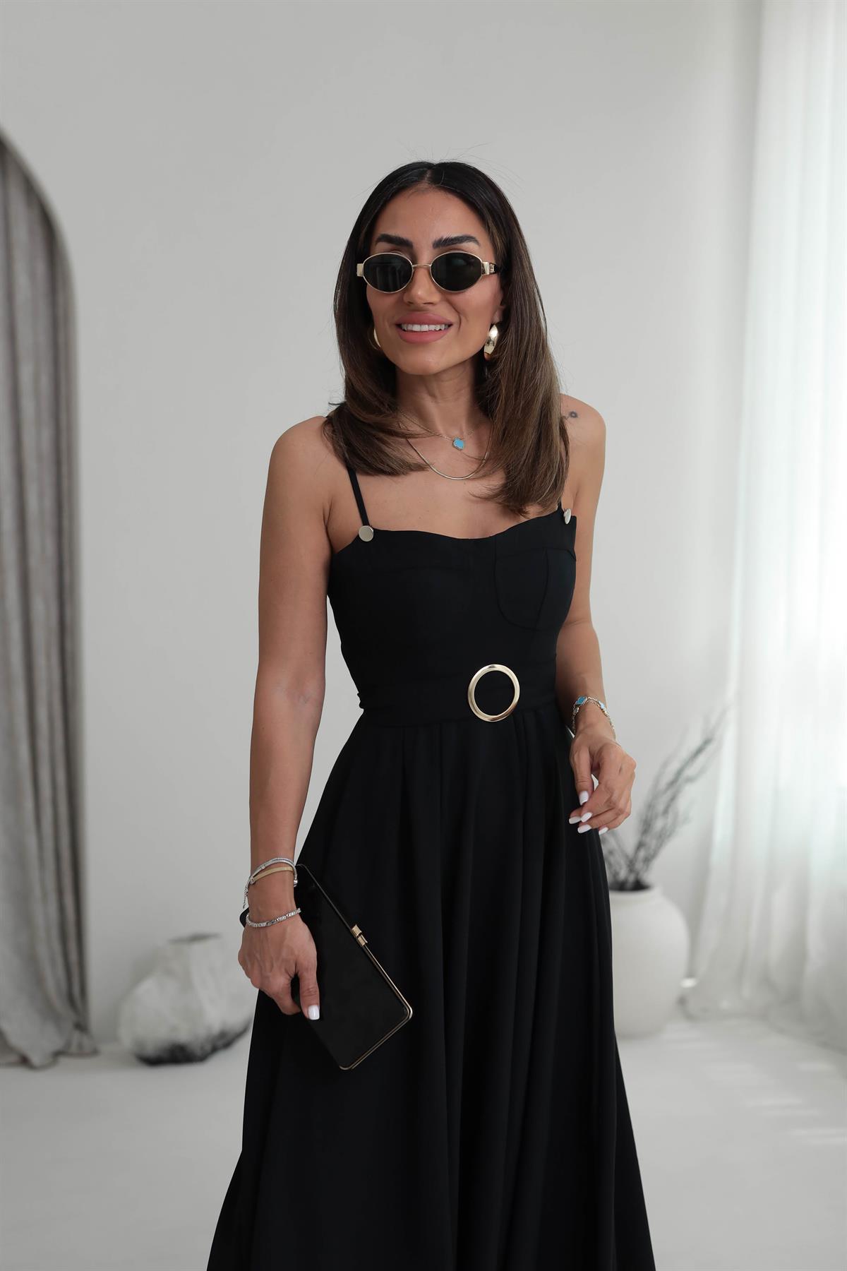 6097 Askılı Gold Detaylı Elbise SİYAH