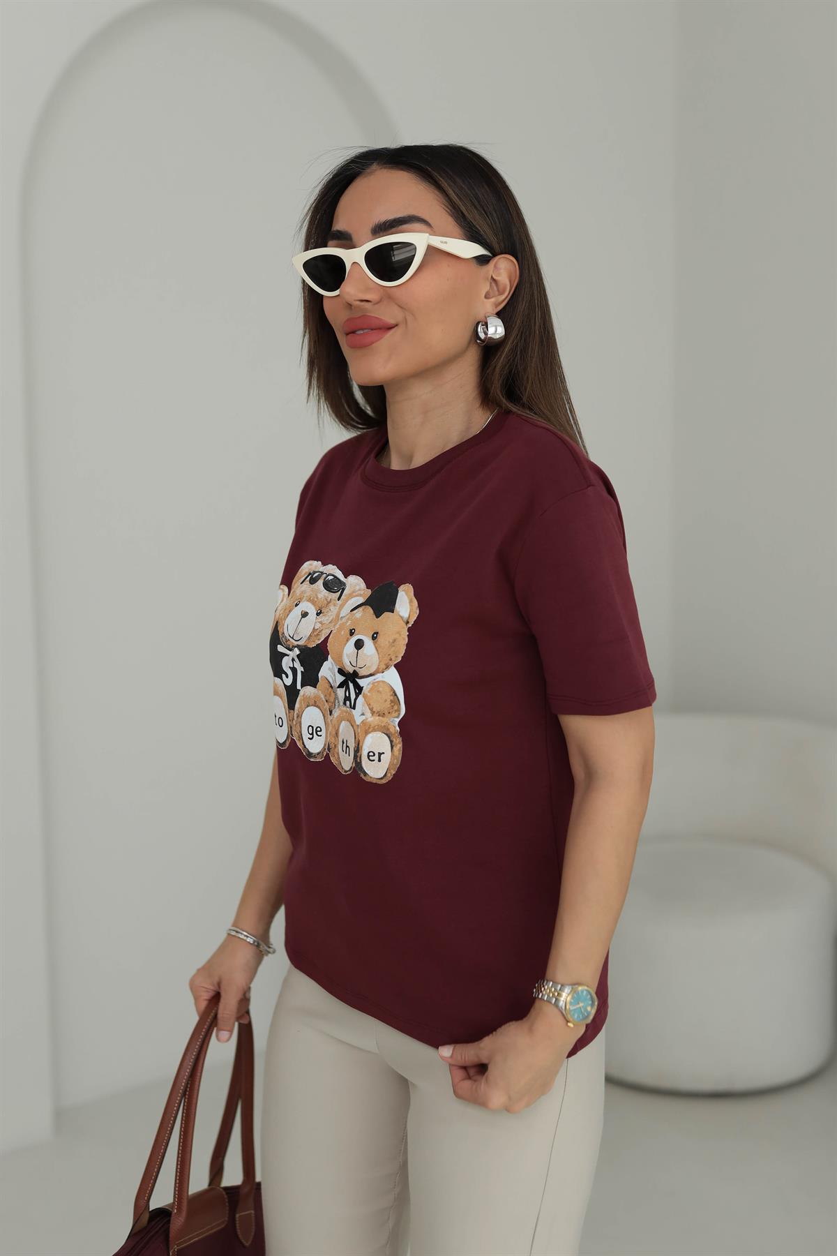 7878 Tedy Baskılı Bisiklet Yaka Tshirt BORDO