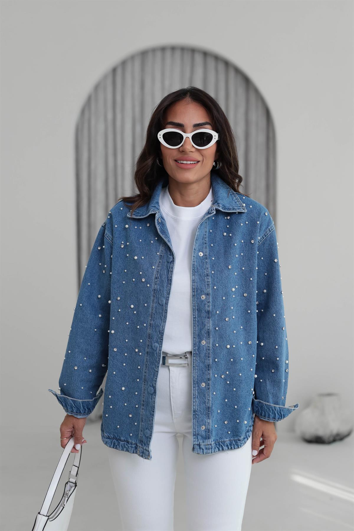 6696 İnci Ve Taş İşlemeli Kot Ceket MAVİ