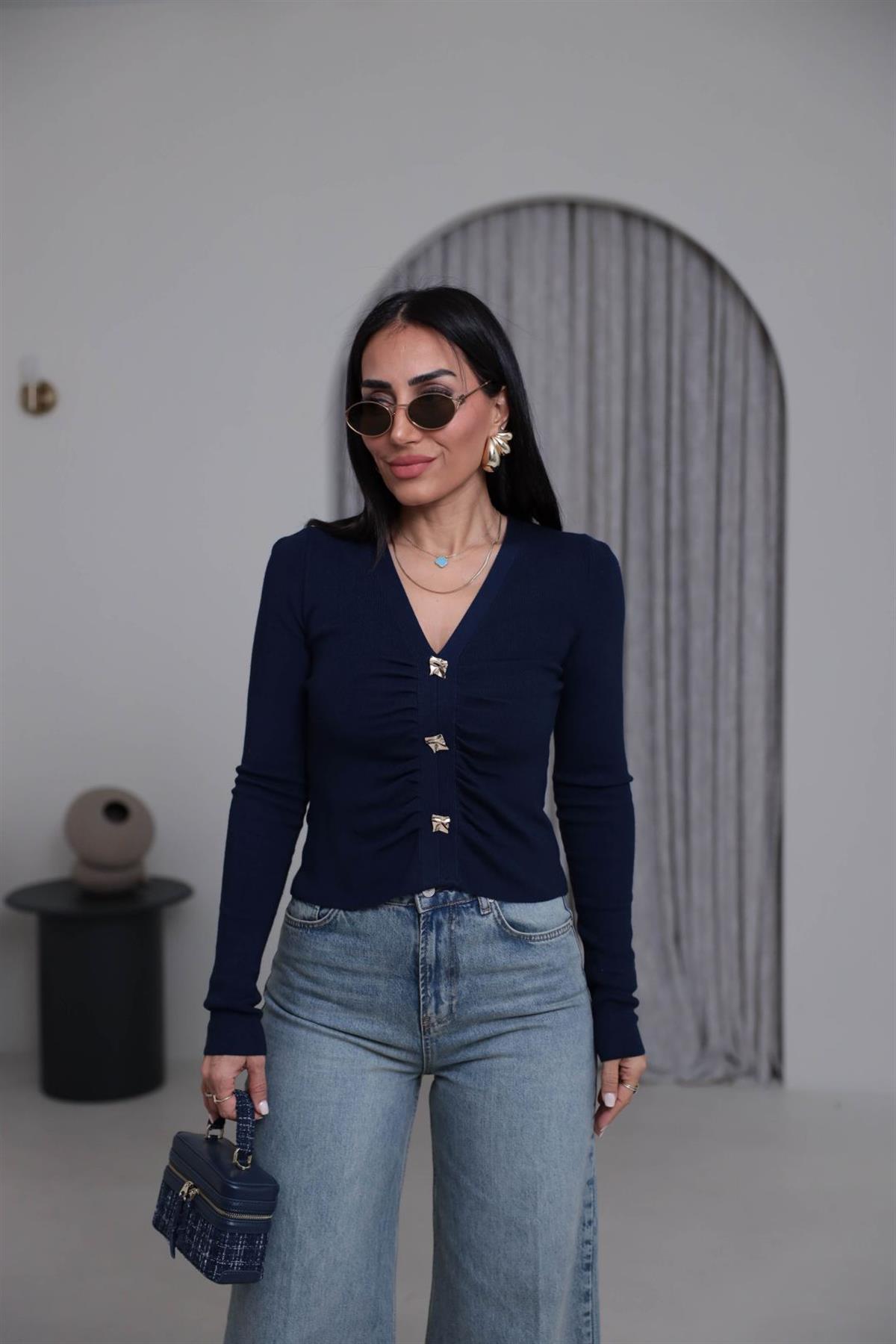 0805 Önü Büzgülü Düğme Detaylı Korsman Triko LACİVERT