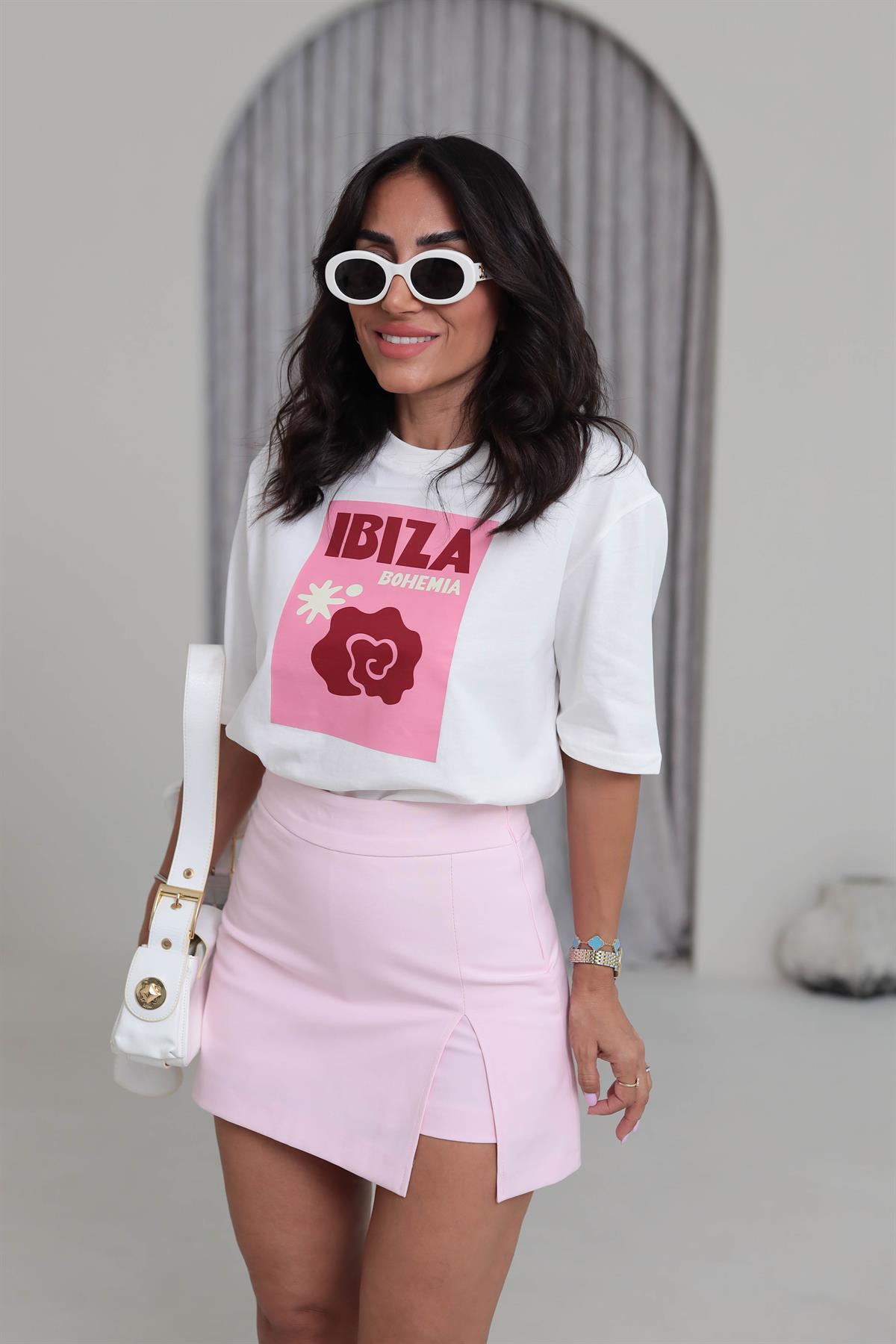 0492 İbiza Baskılı Pamuklu Tshirt EKRU