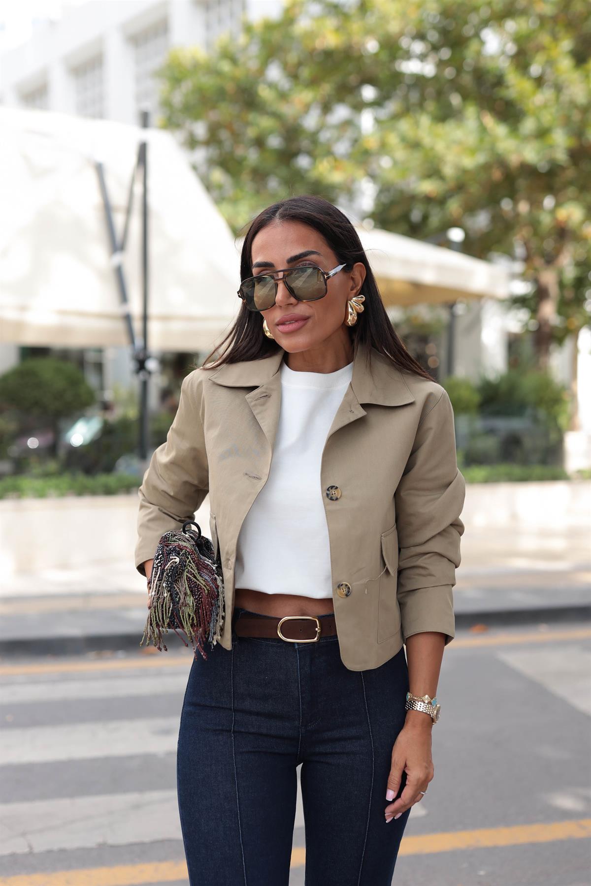 0163 Cep Kapaklı Kısa Trençkot Ceket HAKİ YEŞİL