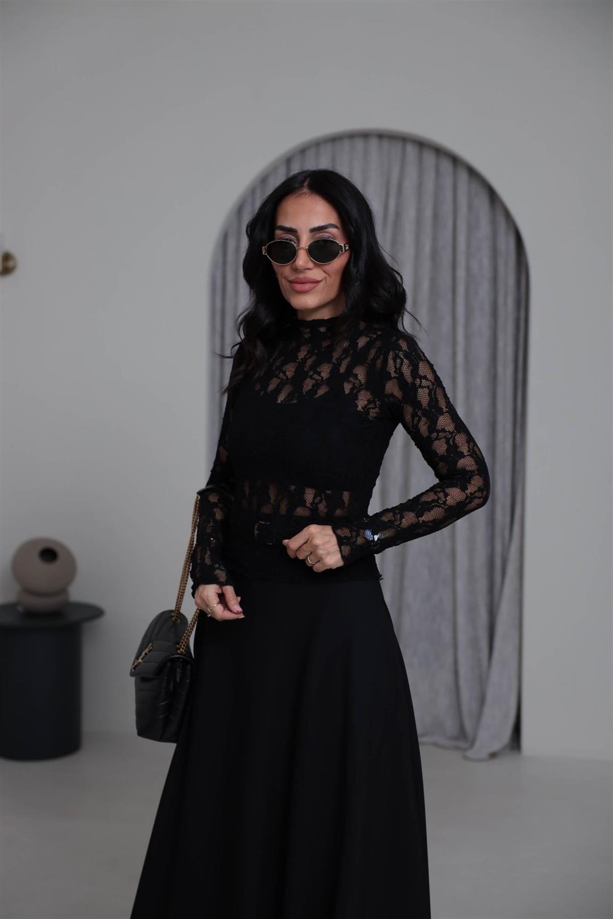4701 Dik Yaka Dantelli Uzun Kol Bluz SİYAH