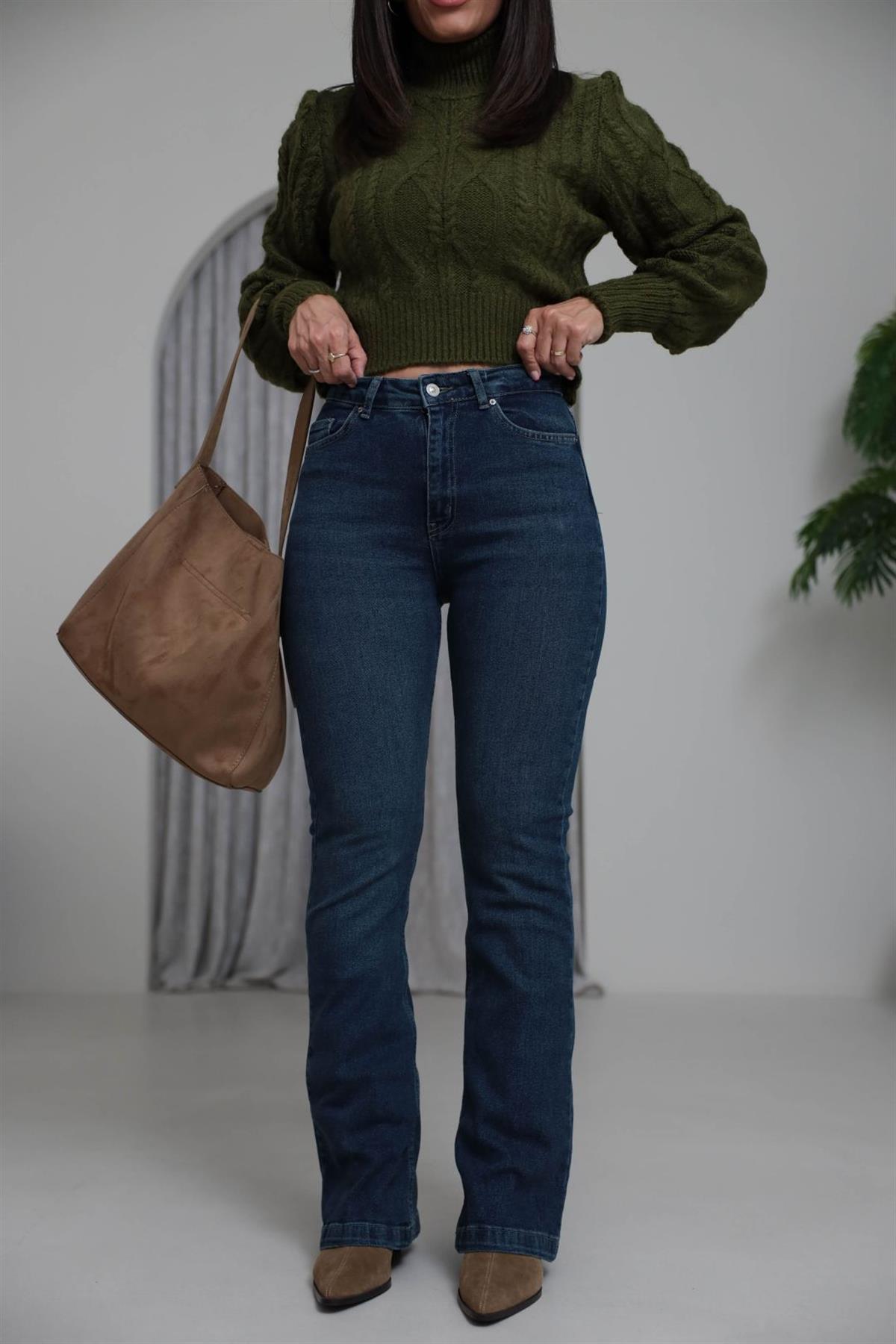 2023 Likralı İspanyol Paça Jean TİNTLİ MAVİ