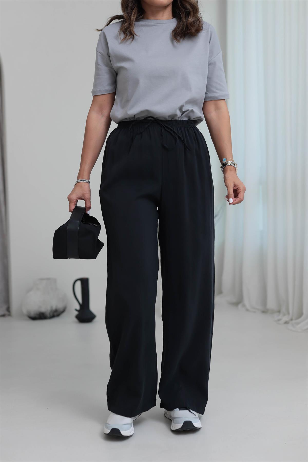 8002 Beli Lastikli Bağcıklı Tencel Pantolon ANTRASİT