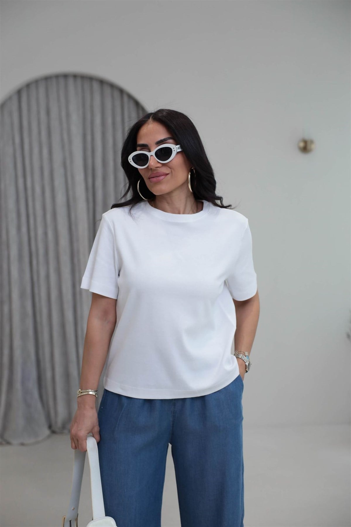 6074 Bisiklet Yaka Pamuklu Basic Tshirt BEYAZ