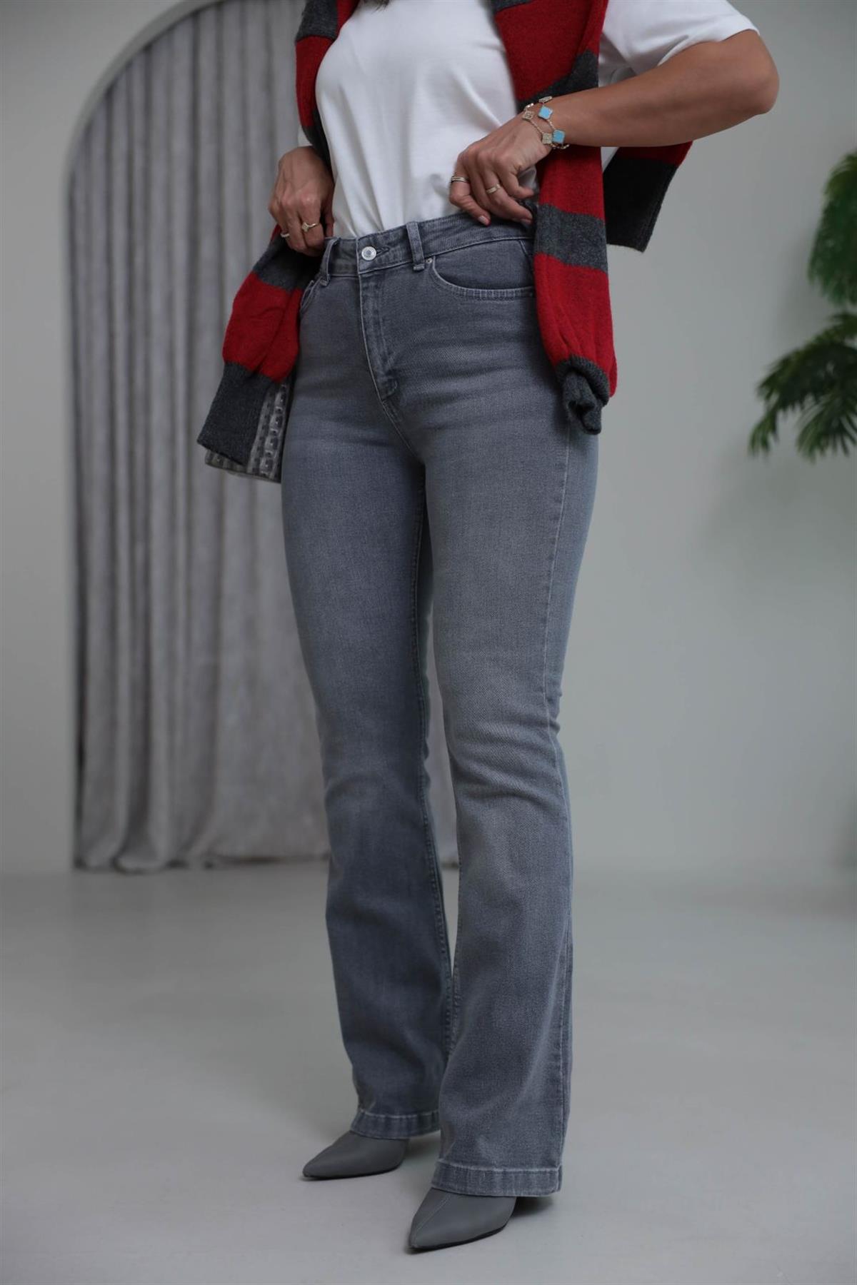 2023 Likralı İspanyol Paça Jean AÇIK GRİ