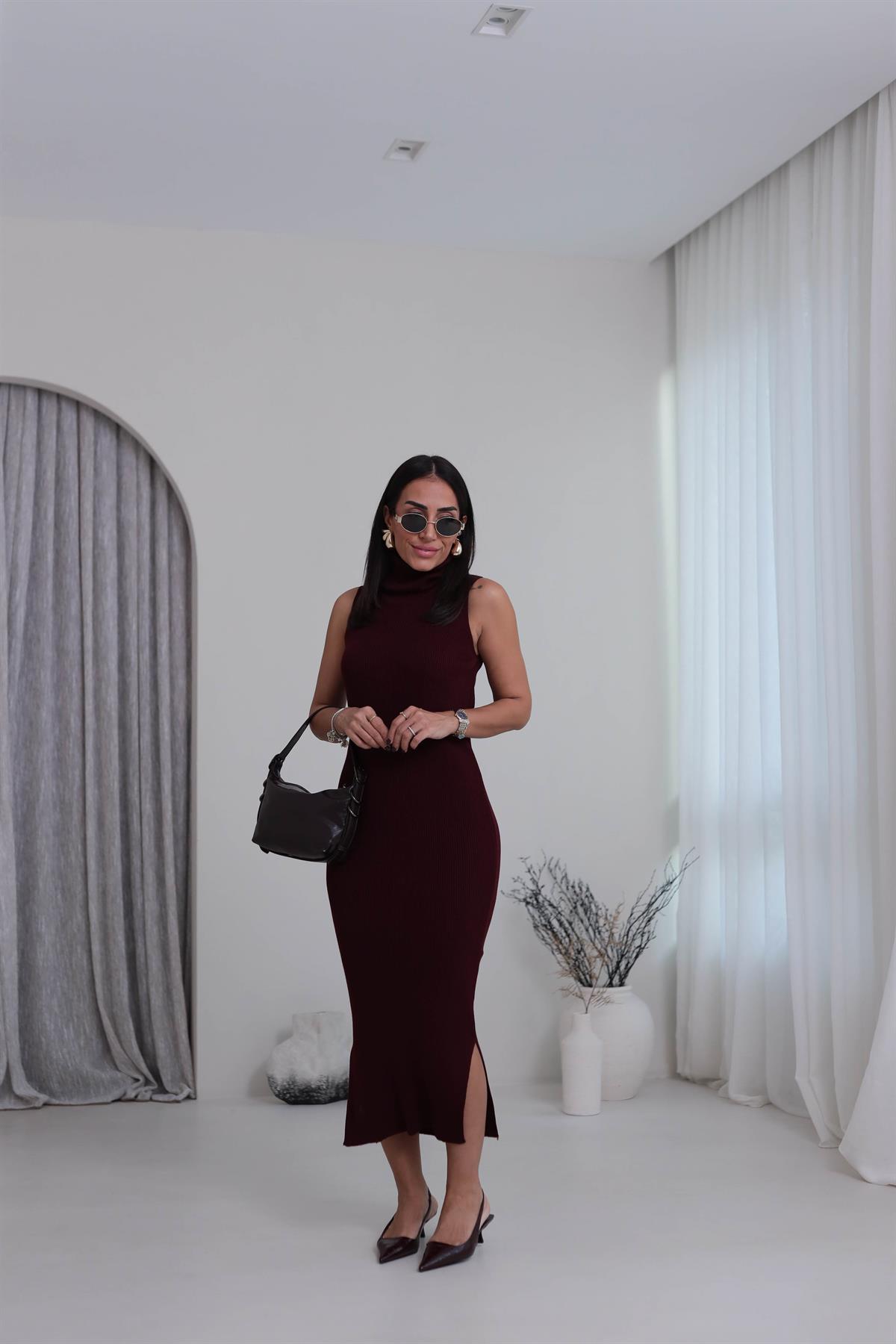 0117 Balıkçı Yaka Sıfır Kol Elbiseli Hırkalı Takım BORDO