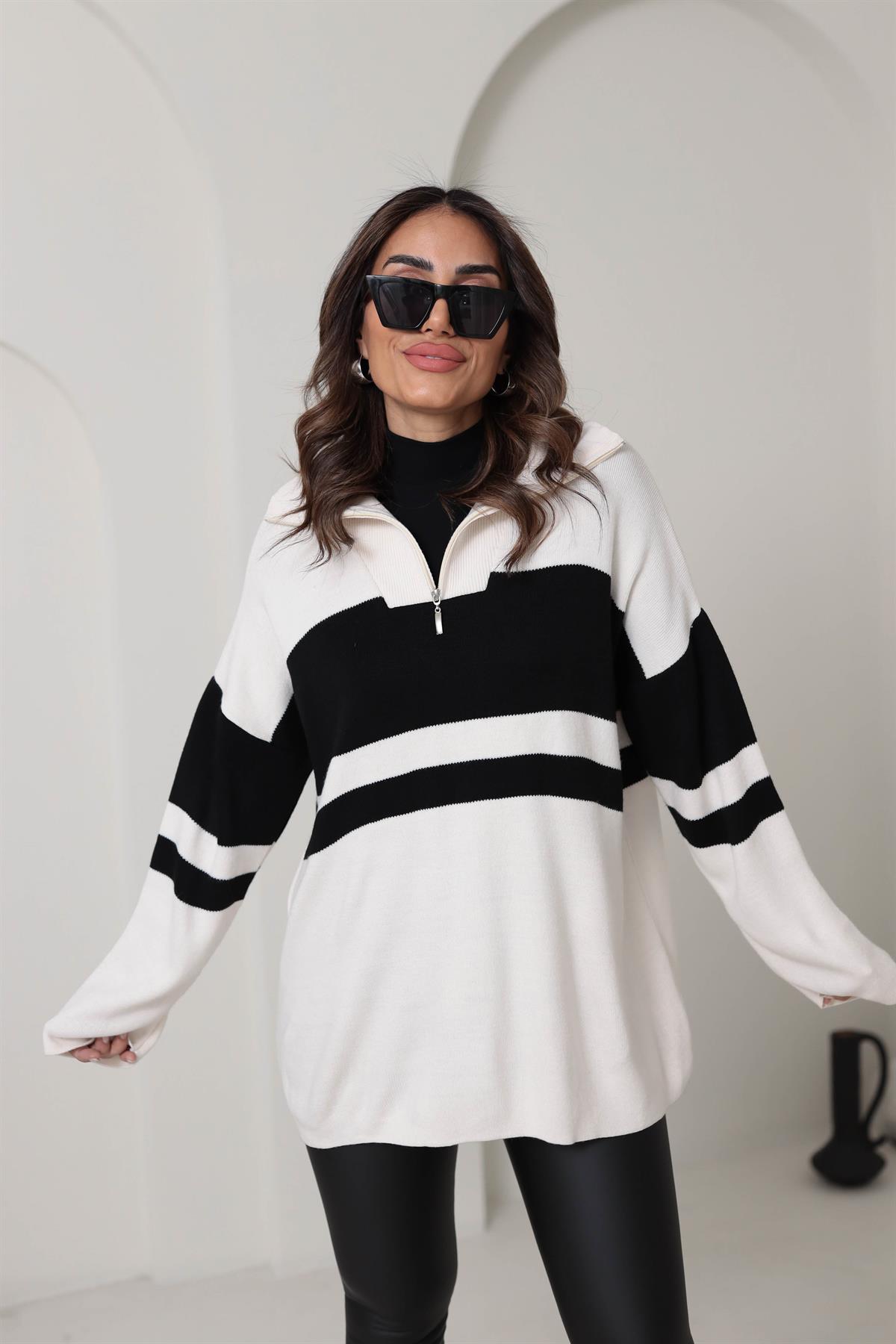 0011 Büyük Çizgili Fermuarlı Tunik Kazak KREM-SİYAH