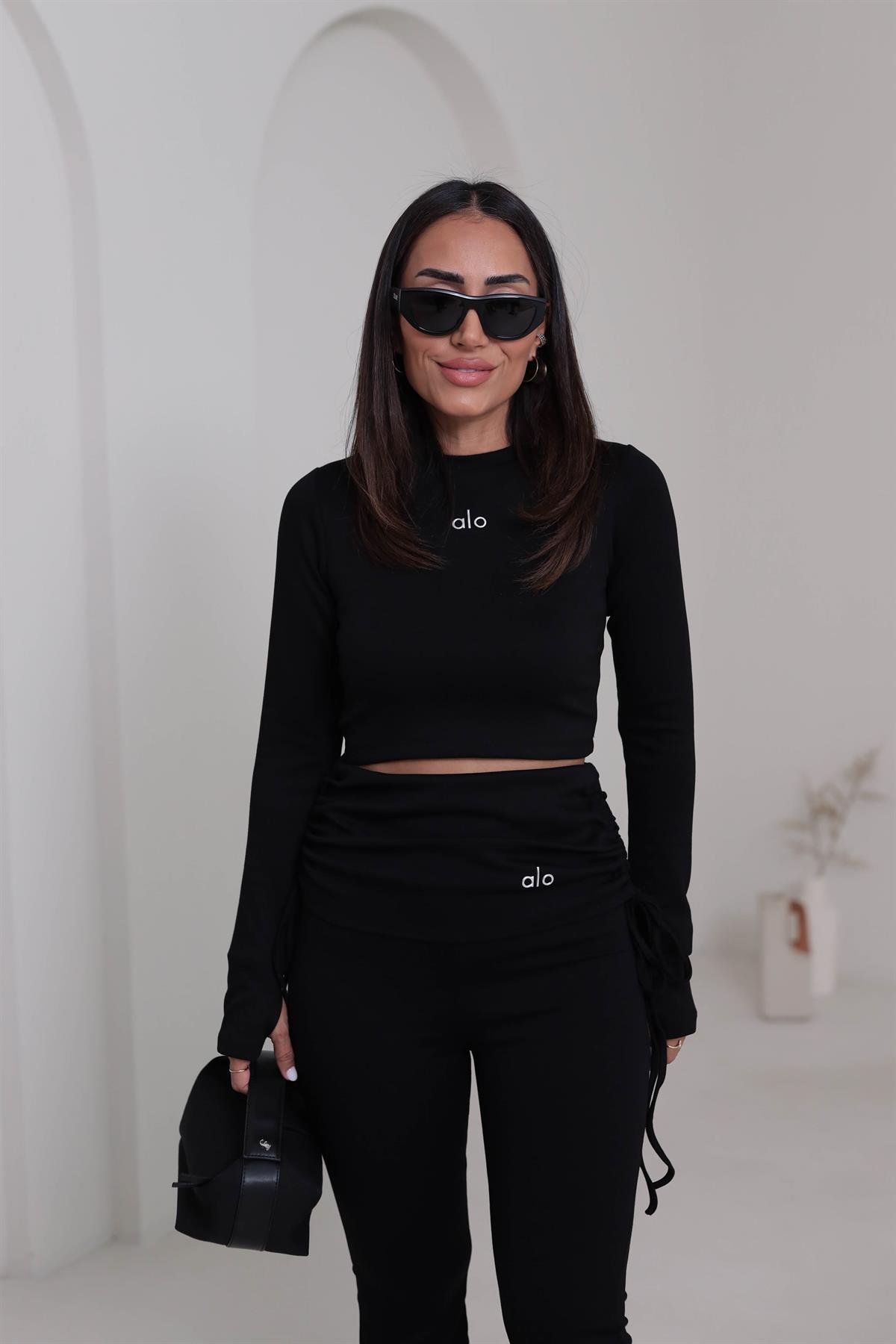 4033 Gümüş Yazı Baskılı Bel Detaylı Takım SİYAH