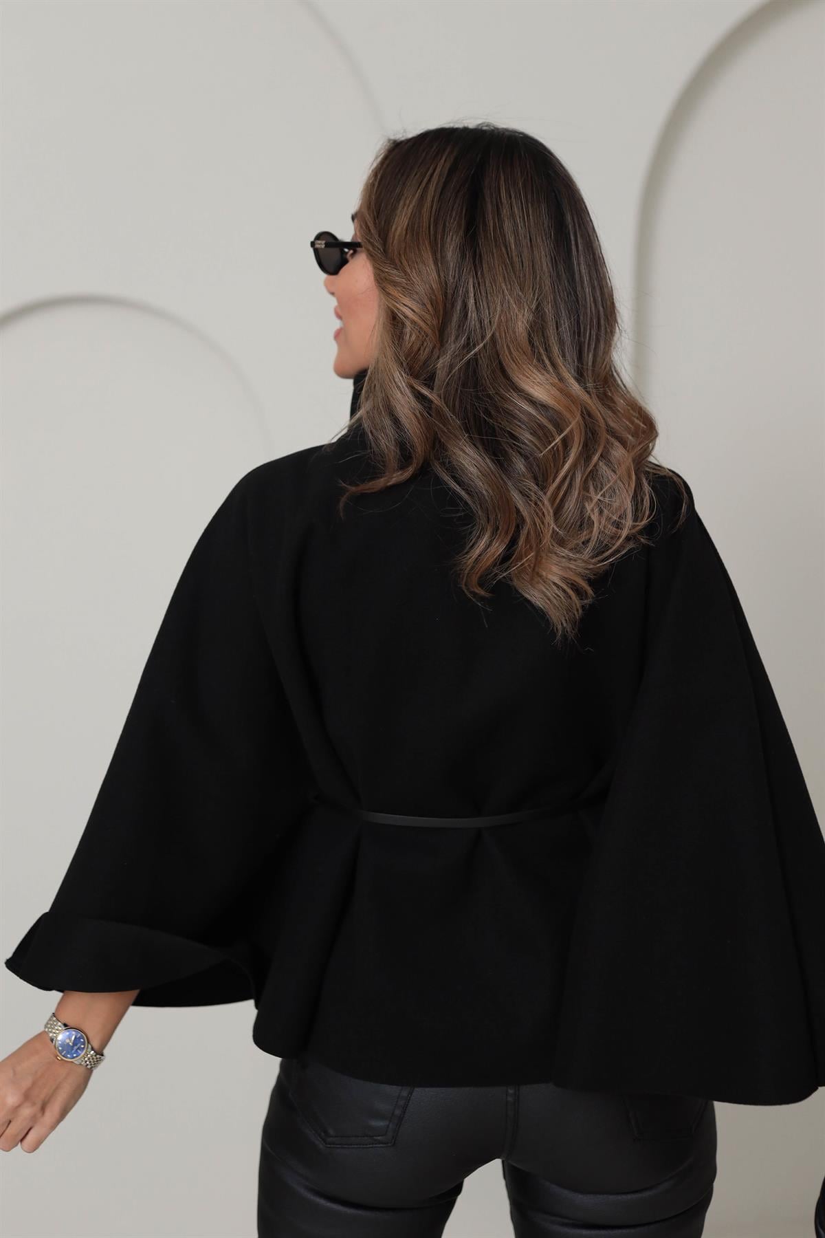 80167 Kemerli Dik Yaka Kaşe Panço SİYAH