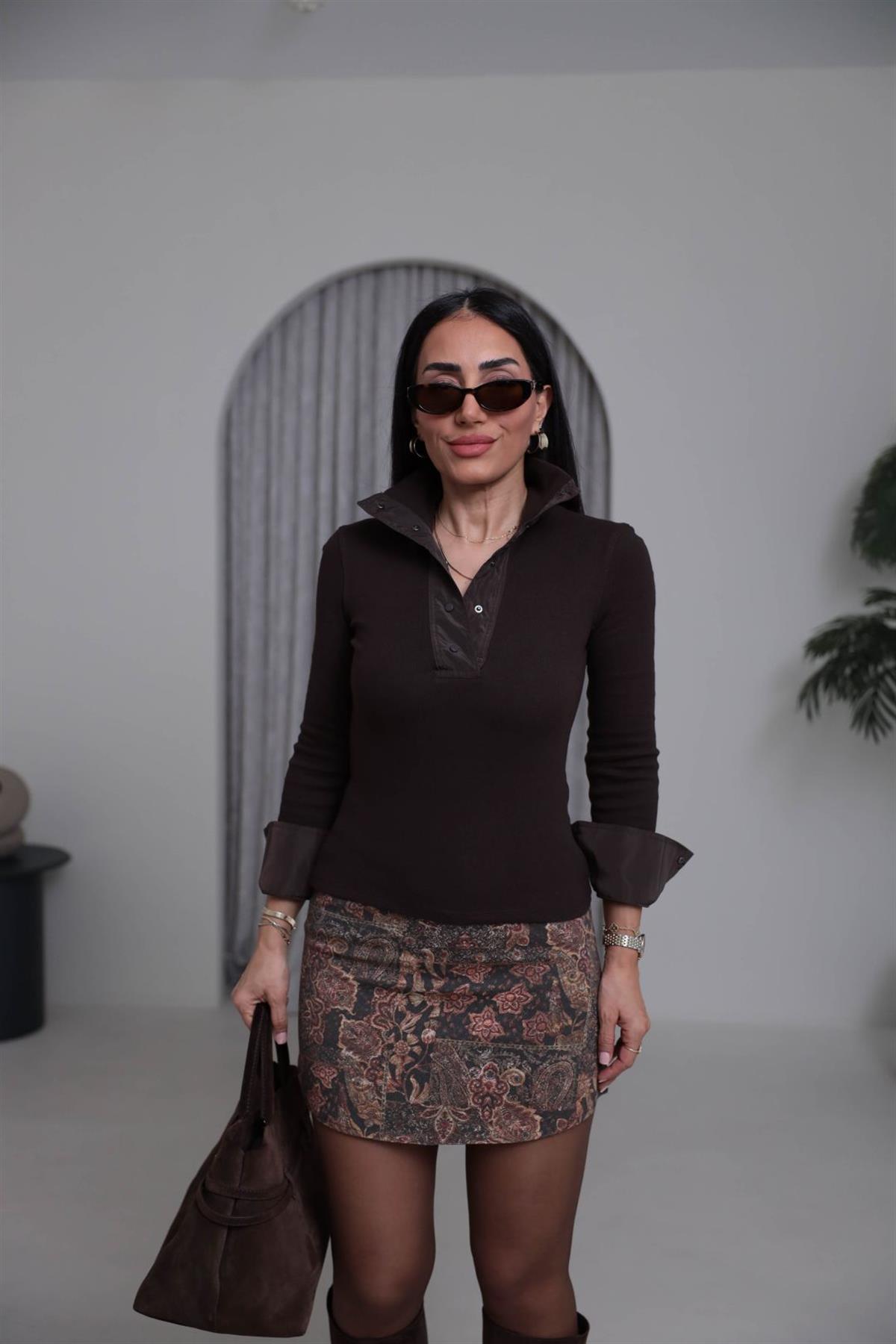 7009 Paraşüt Garnili Çıtçıtlı Triko Bluz ACI KAHVE