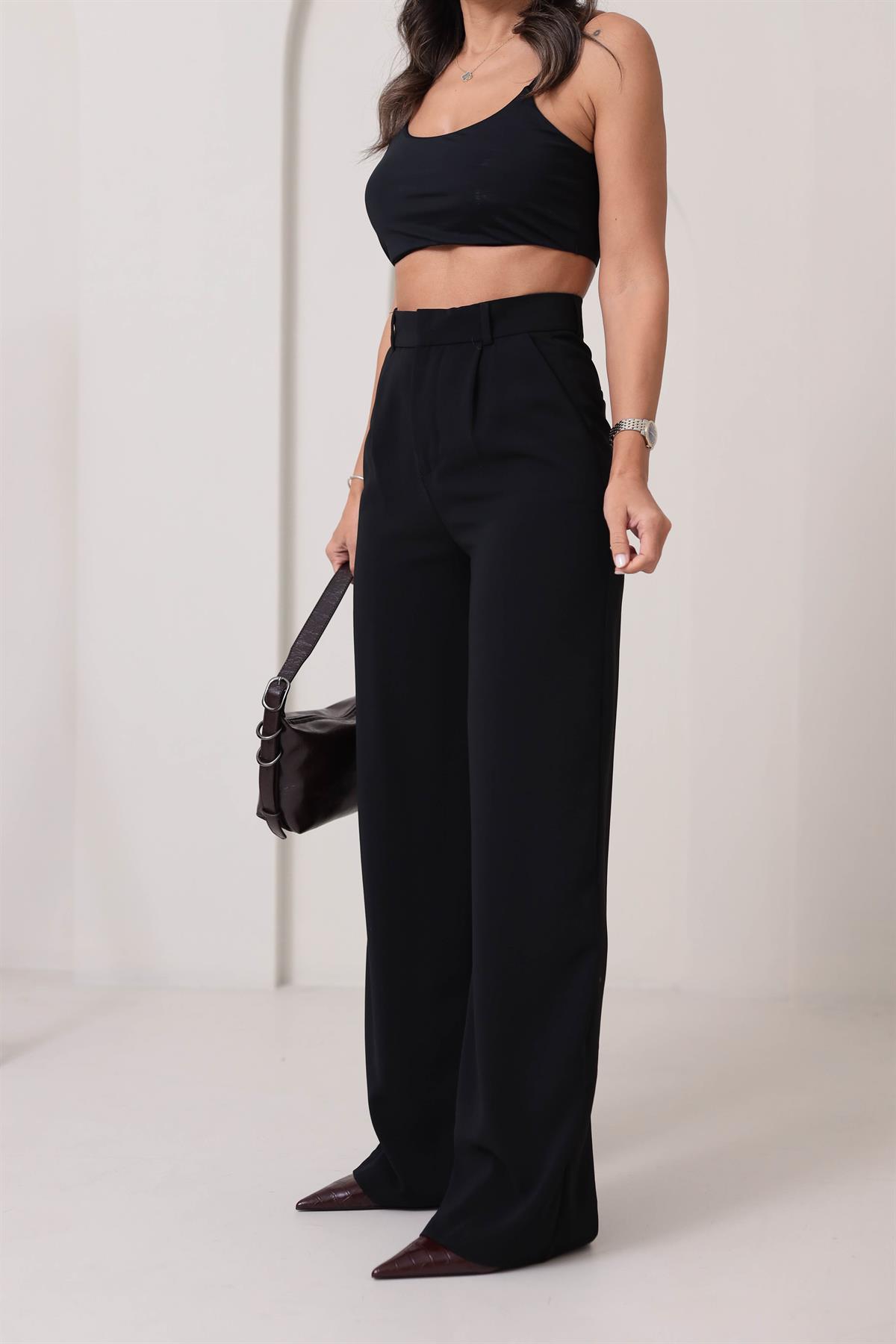 3317 Geniş Paça Detaylı Pantolon SİYAH