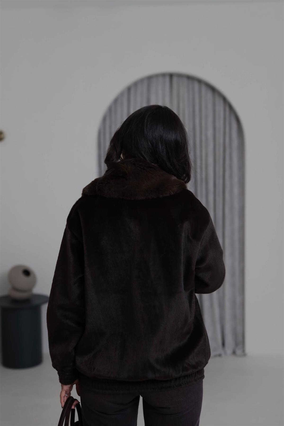 0099 Yaka Kürklü Alpaka Kaban KAHVE